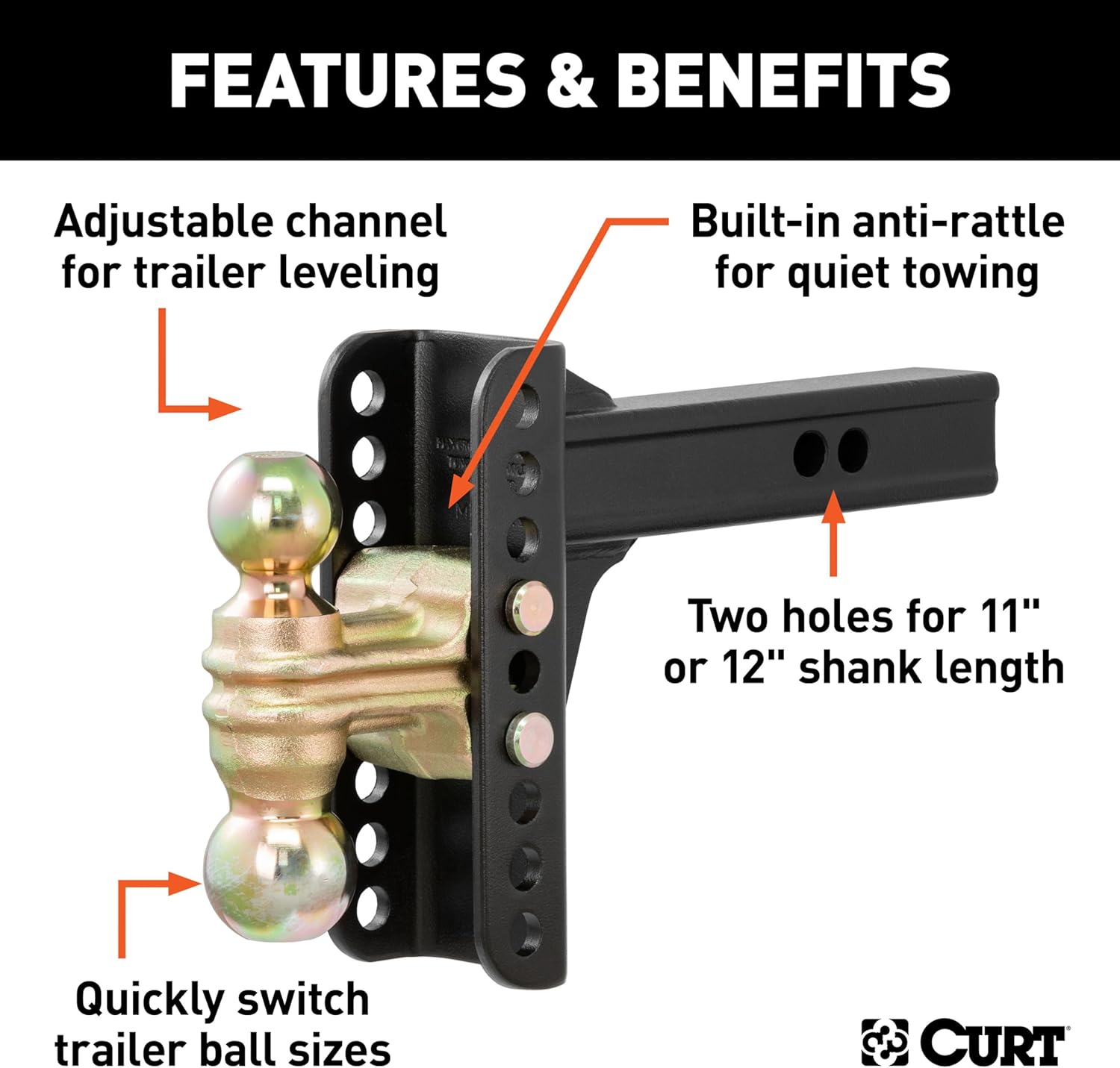 CURT 45900 Adjustable Dual-Ball Channel Mount, 2" Shank, 6" Drop | 2" Ball Rated 10,000 lb, 2-5/16" Ball Rated 14,000 lb, 5-1/4" Rise, 11" or 12" Length, Built-In Anti-Rattle