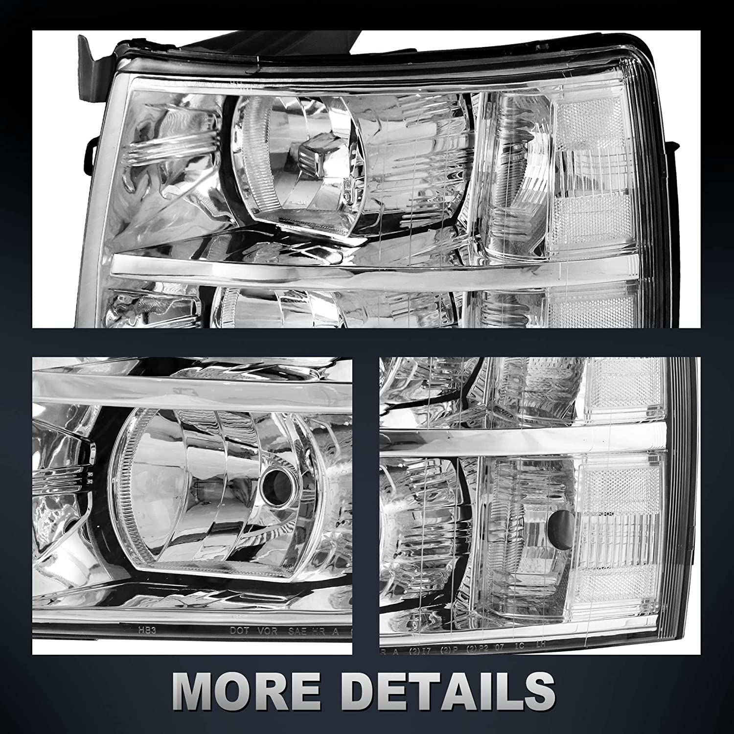 NTXGlow MOSTPLUS Chevy Silverado headlight assembly with black housing, clear lens, and amber reflector for 1500, 2500, 3500 models