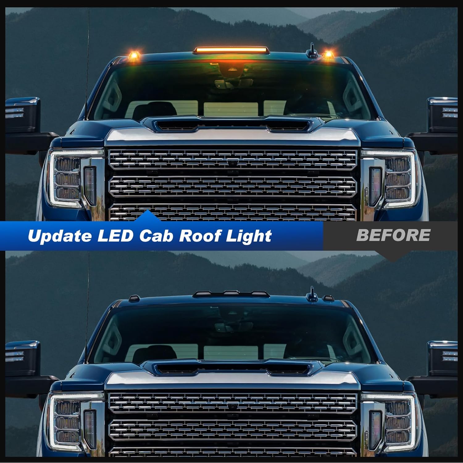 Smoked white and amber LED roof cab lights for GMC and Chevy HD trucks, exterior vehicle lighting by AutoLEDTech.com