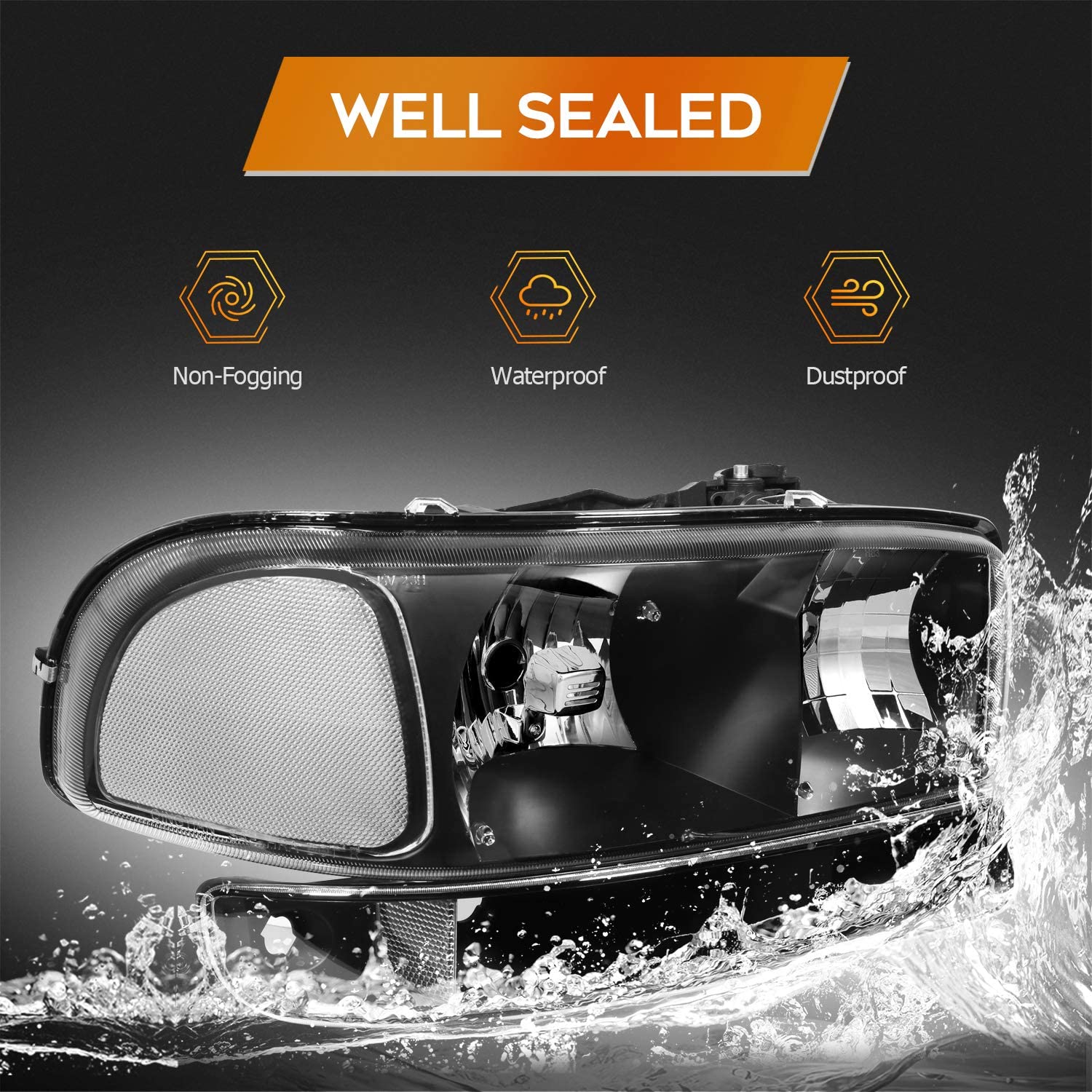 NTXGlow headlight assembly for GMC Sierra 1500 1999-2007, black housing, clear lens, driver and passenger side headlamp.