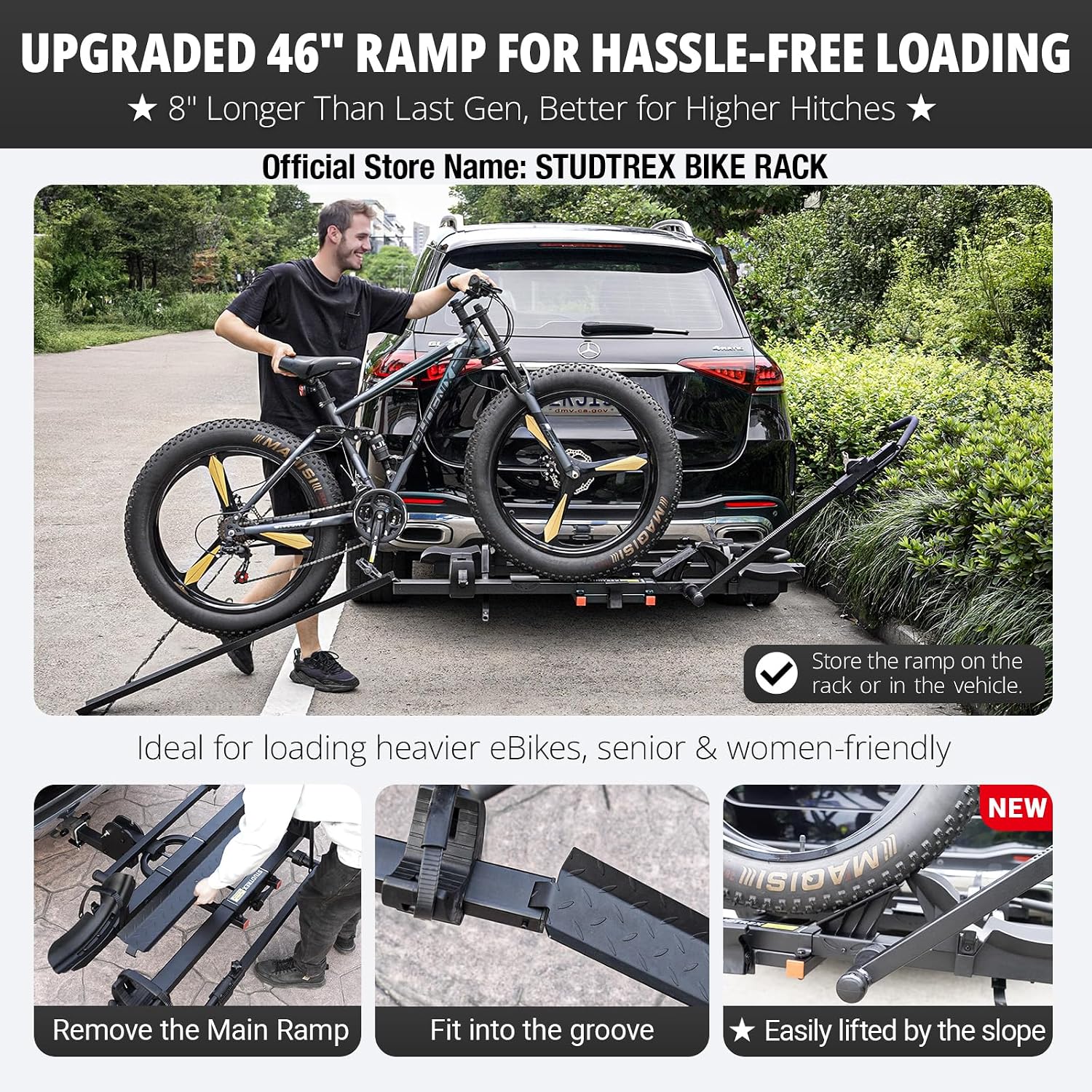 TrailV2 Plus Hitch 2 Ebike Rack with Ramp, Tilt, Fold, Anti-Theft Hitch & Wheel Locks, Heavy Duty 170 lbs Capacity, Fits 2" Receiver, Max 5" Fat Tires, Electric Bike Rack for Car, SUV, Truck, RV