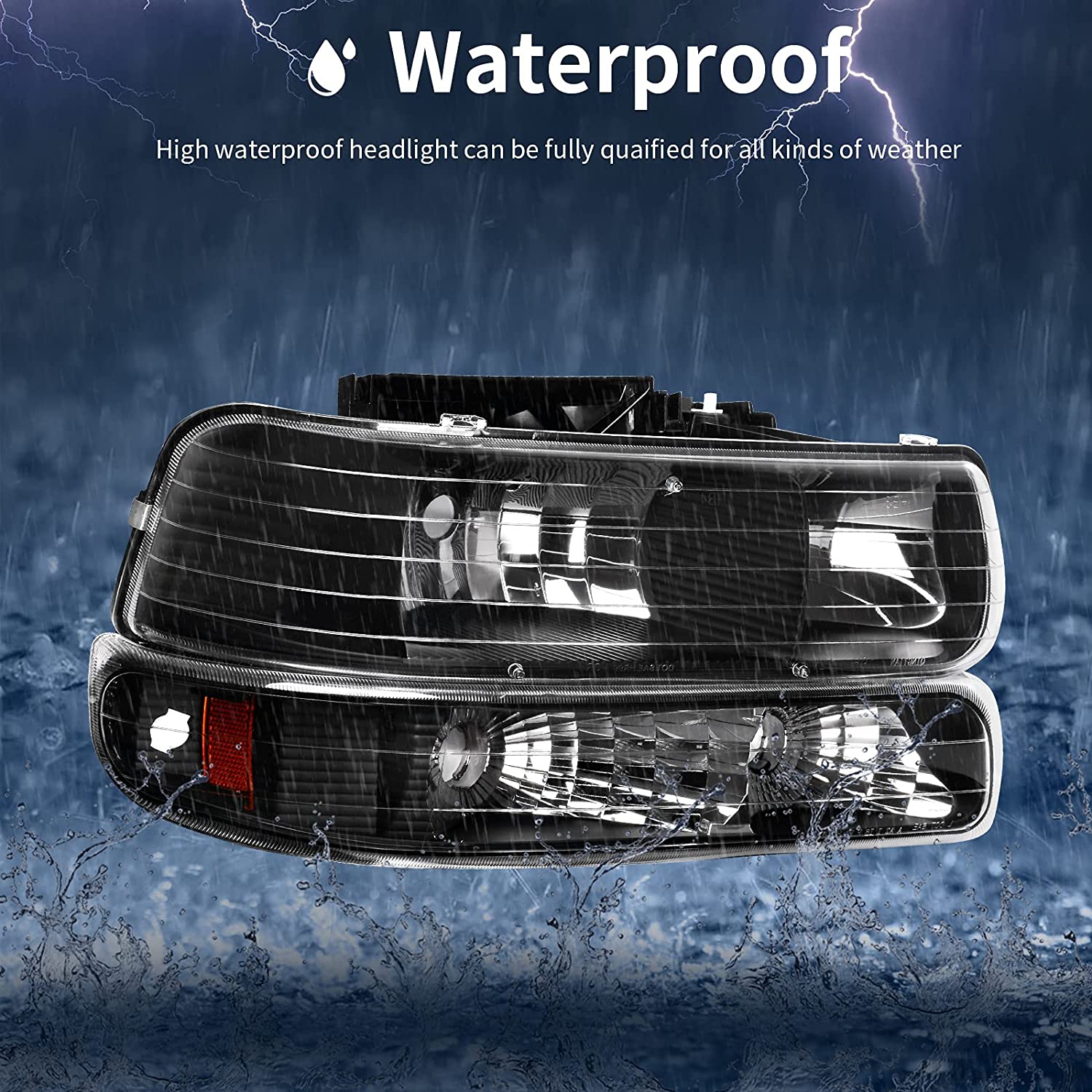 NTXGlow Autosaver88 headlights assembly for Chevrolet Silverado 1999-2002, Tahoe, Suburban 2000-2006, in bumper lighting, clear lens