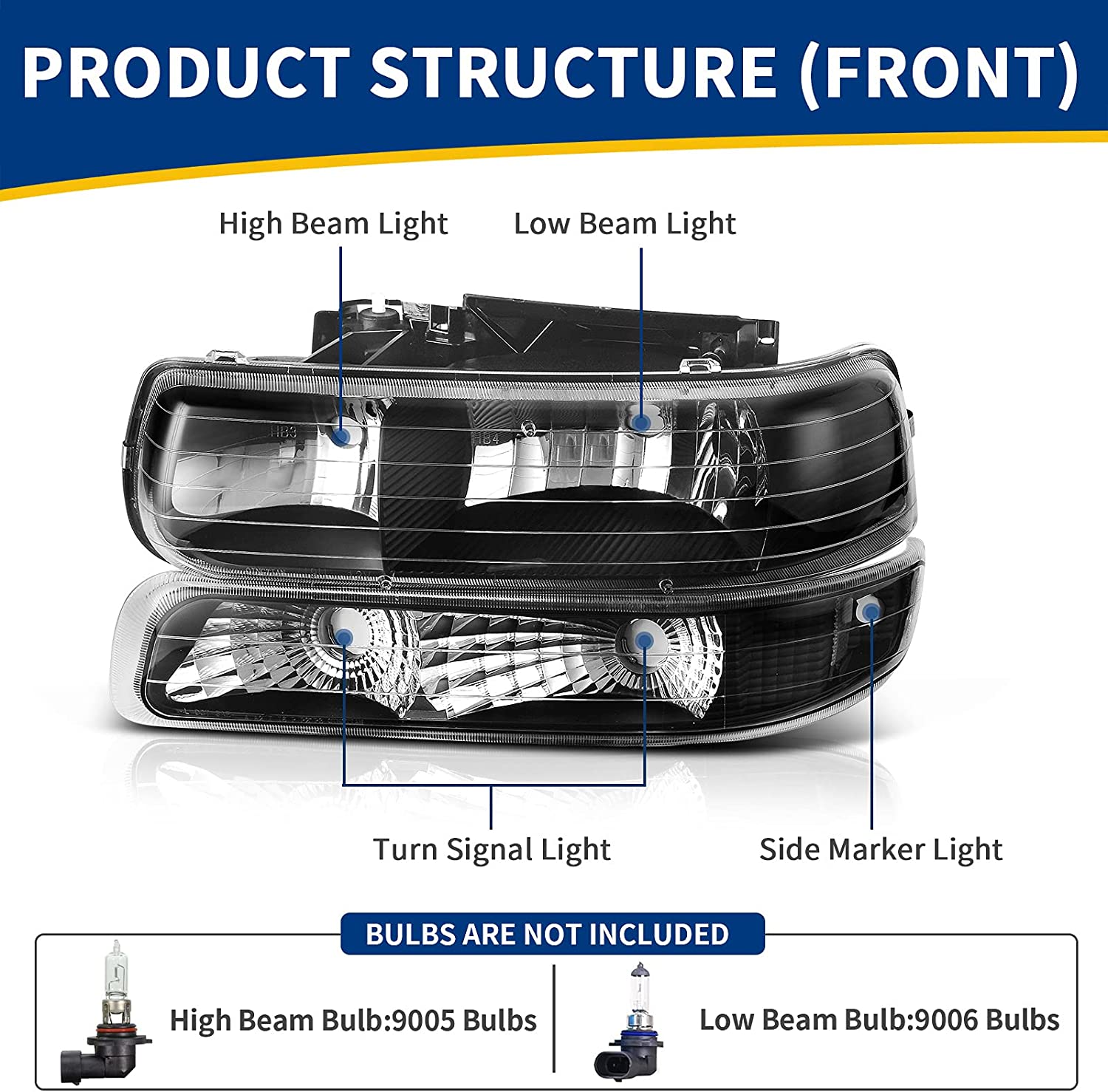 NTXGlow headlight assembly for 1999-2002 Chevy Silverado and 2000-2006 Tahoe/Suburban, showing the clear lens and reflective interior.