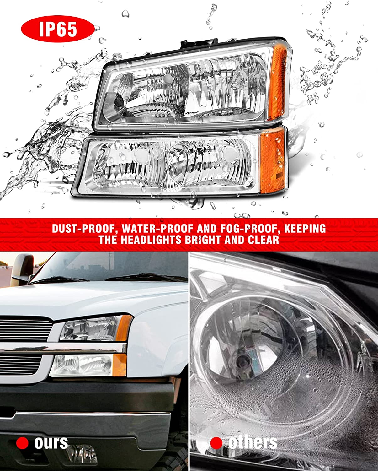 NTXGlow Silverado headlight assembly for Chevy Avalanche 2003-2006 with clear chrome lens and amber reflector, left and right pair