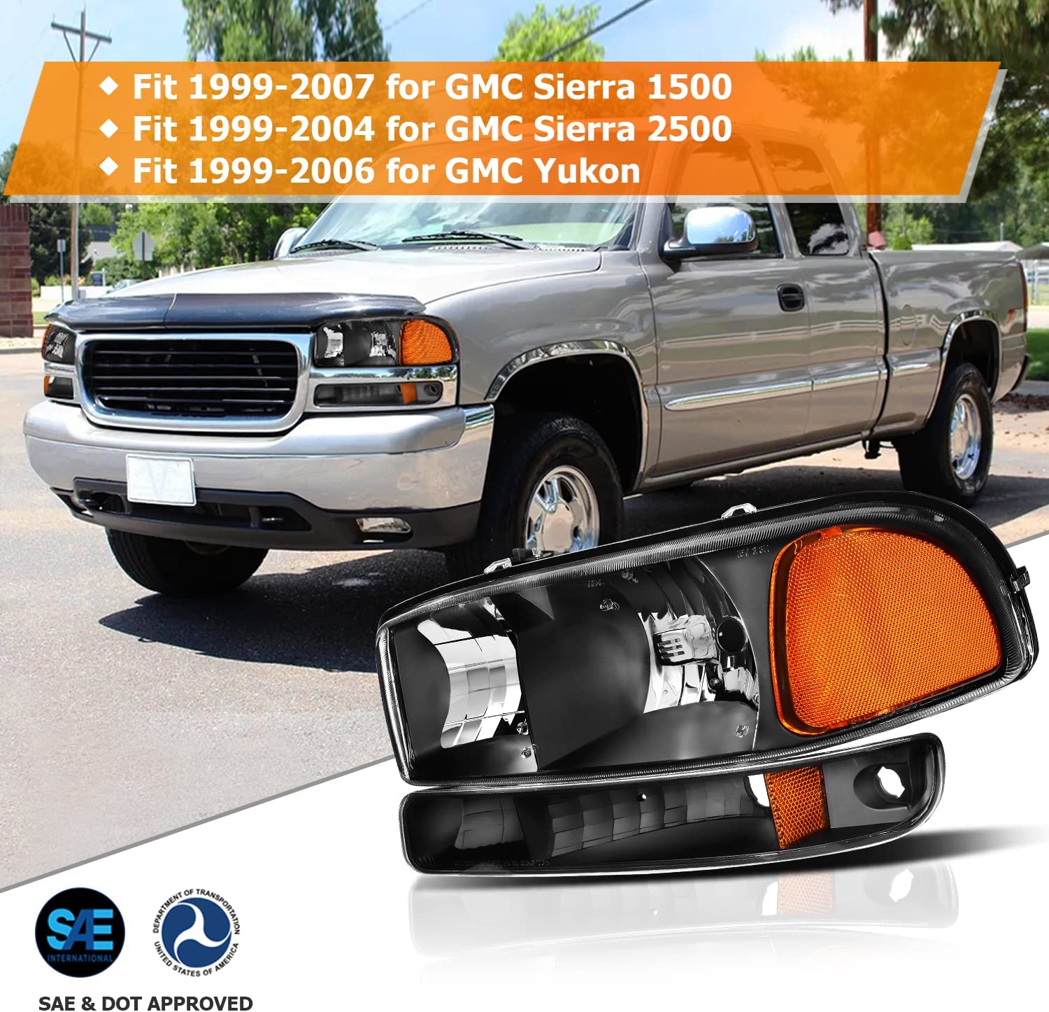NTXGlow black housing headlight assembly for GMC Sierra 1500, 2500, 2007 Classic, with amber reflector and clear lens, driver and passenger side