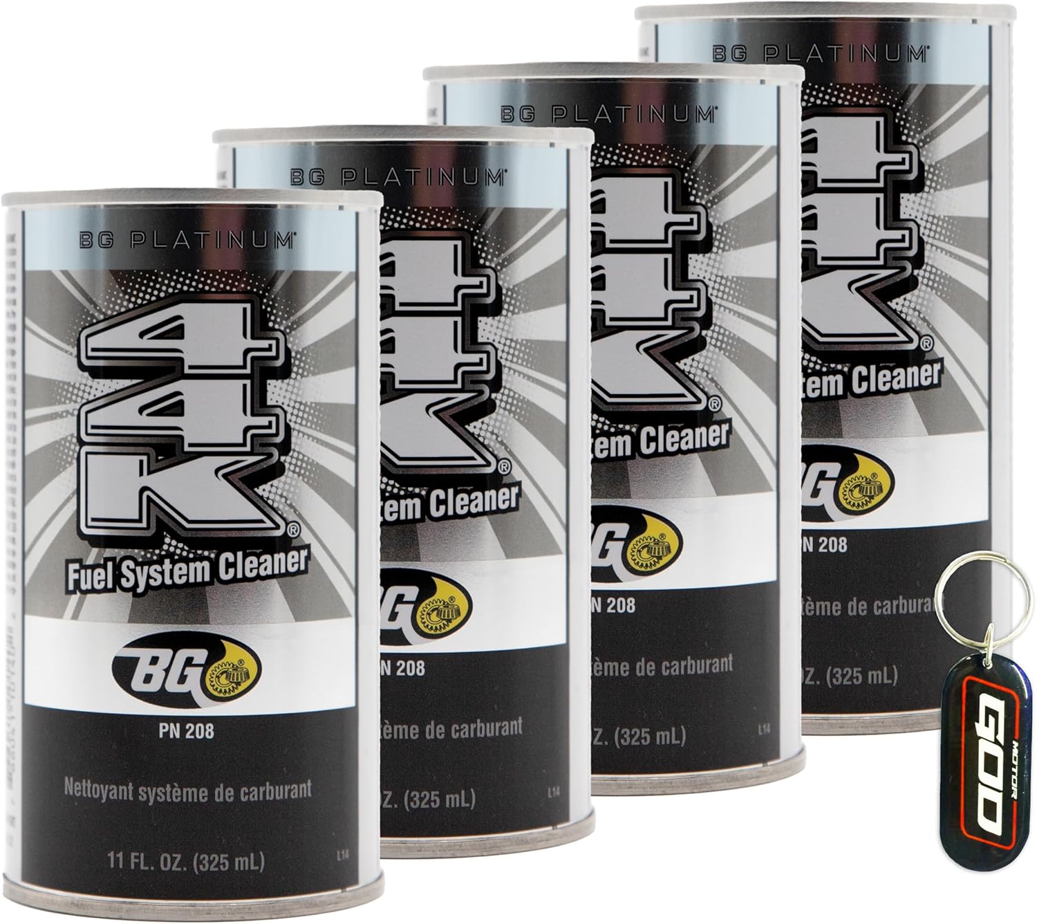 BG Platinum 44K Fuel System Cleaner, 4 Pack 11 oz Cans, Gasoline Fuel Injector Cleaner for Cars, Trucks and SUVs, GDI and PFI Engines, Includes Keychain