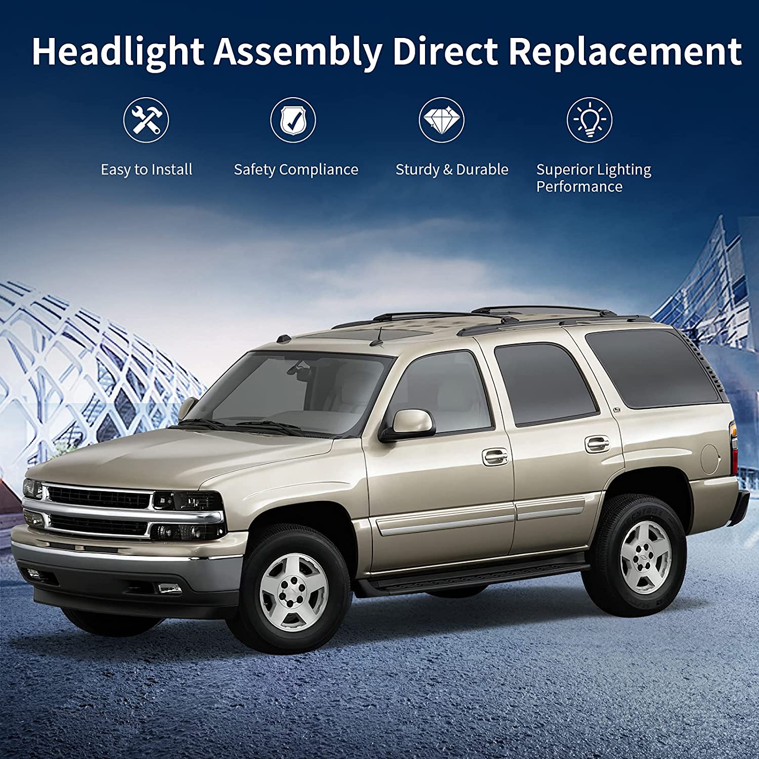 NTXGlow Autosaver88 headlight assembly with smoke lens for 1999-2006 Chevy Silverado, Tahoe, Suburban, featuring reflector and bumper lights.