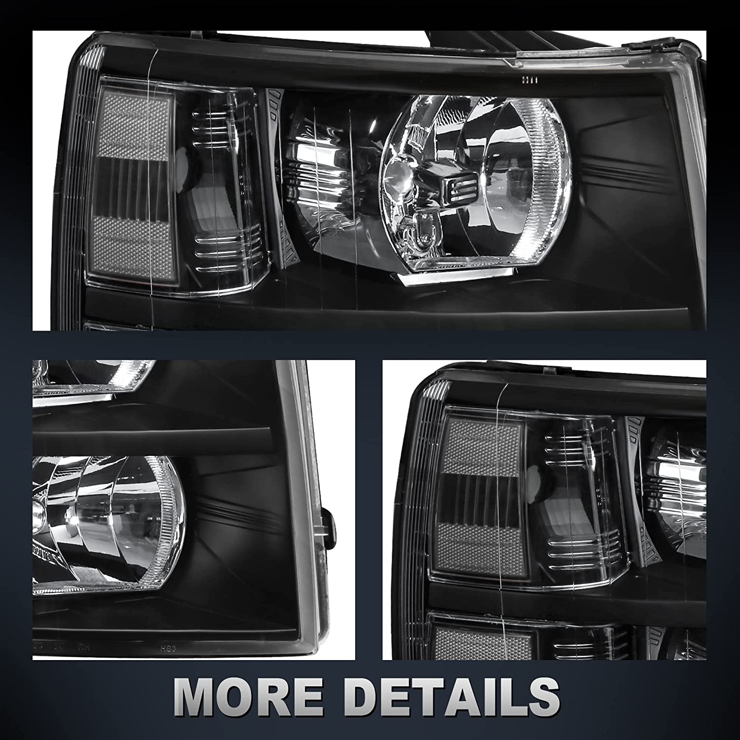 NTXGlow Mostplus headlight assembly for Chevy Silverado 1500, 2500, 3500 with black housing, clear lens, and amber reflector.