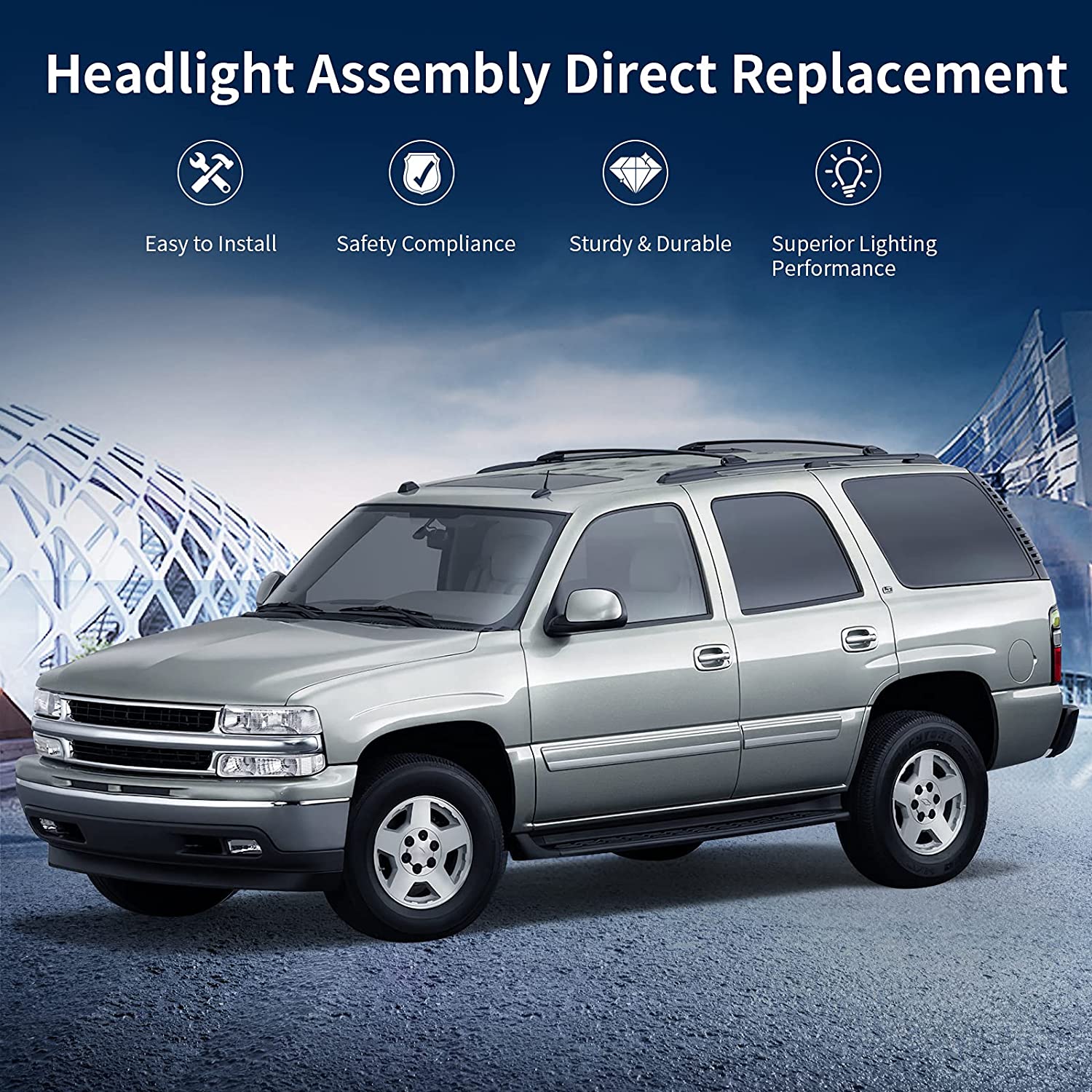 NTXGlow Autosaver88 headlight assembly with black housing and chrome reflector for 1999-2006 Chevy Silverado, Tahoe, and Suburban.