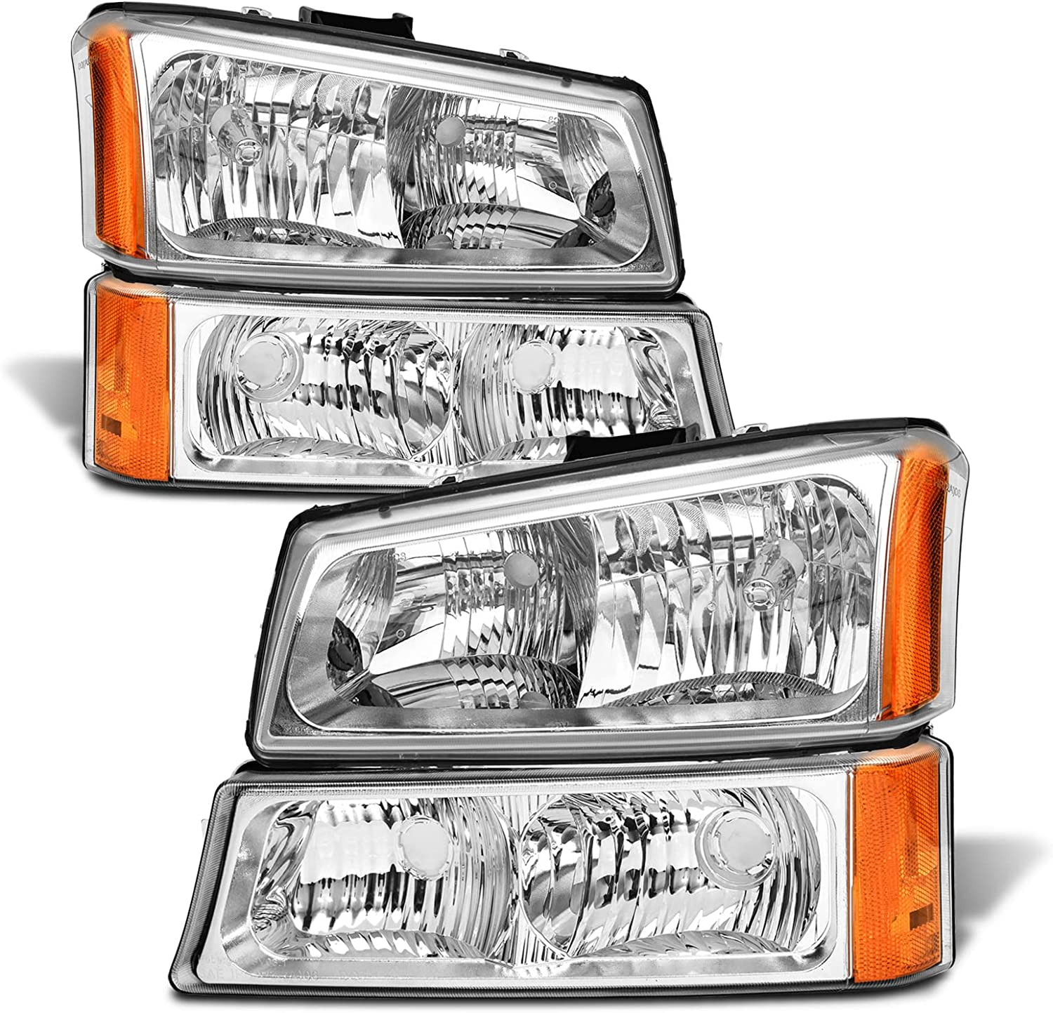 NTXGlow Silverado headlight assembly for Chevy Avalanche 2003-2006 with clear chrome lens and amber reflector, front left and right.