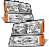 NTXGlow Silverado headlight assembly for Chevy Avalanche 2003-2006 with clear chrome lens and amber reflector, front left and right.