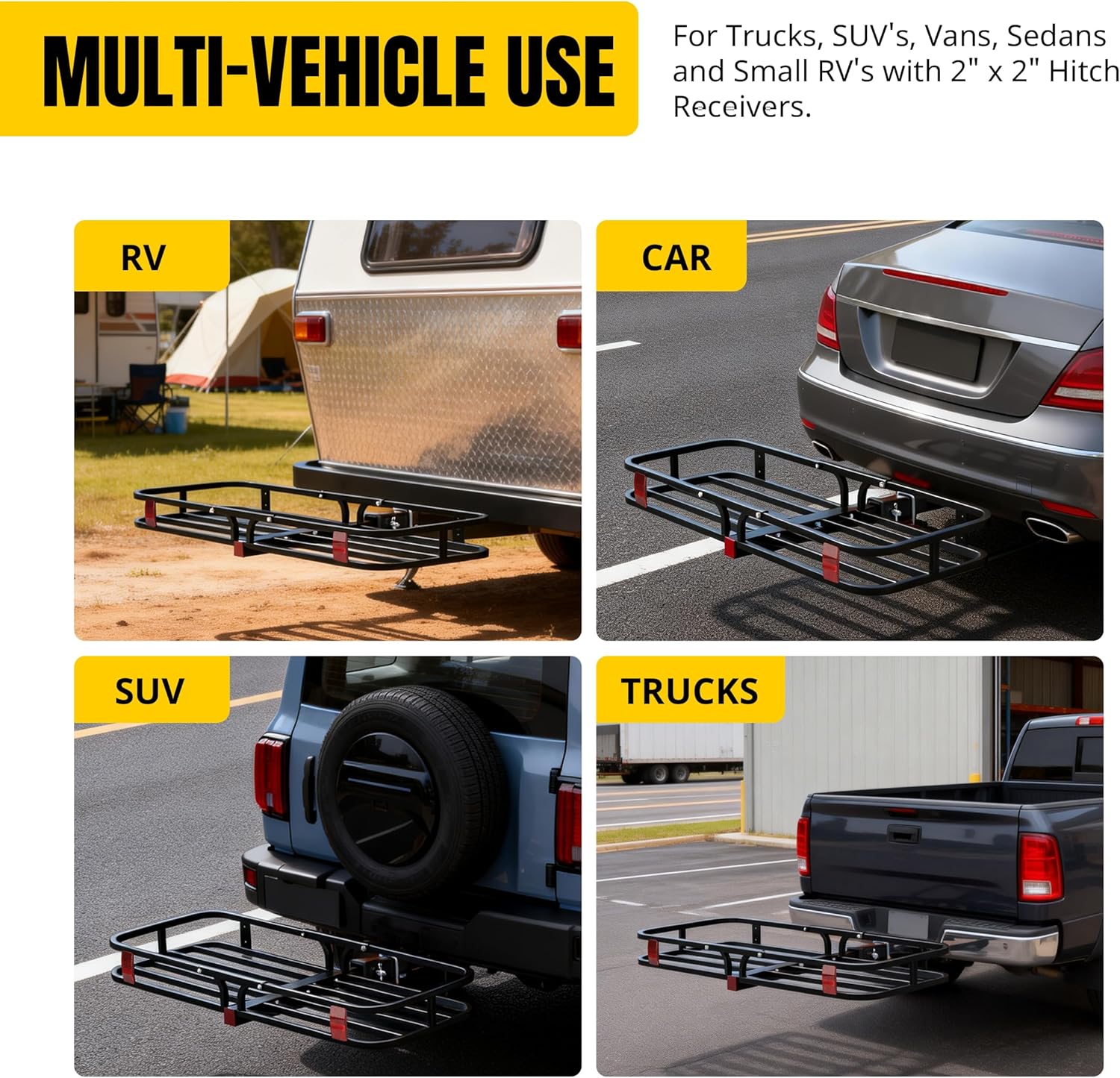 MaxxHaul 70107 53" x 19-1/2" Hitch Cargo Carrier - Trailer Mount Steel With High Side Rails For RV's, Trucks, SUV's, Vans, Cars 2" Receiver 500-lb Load Capacity , Black