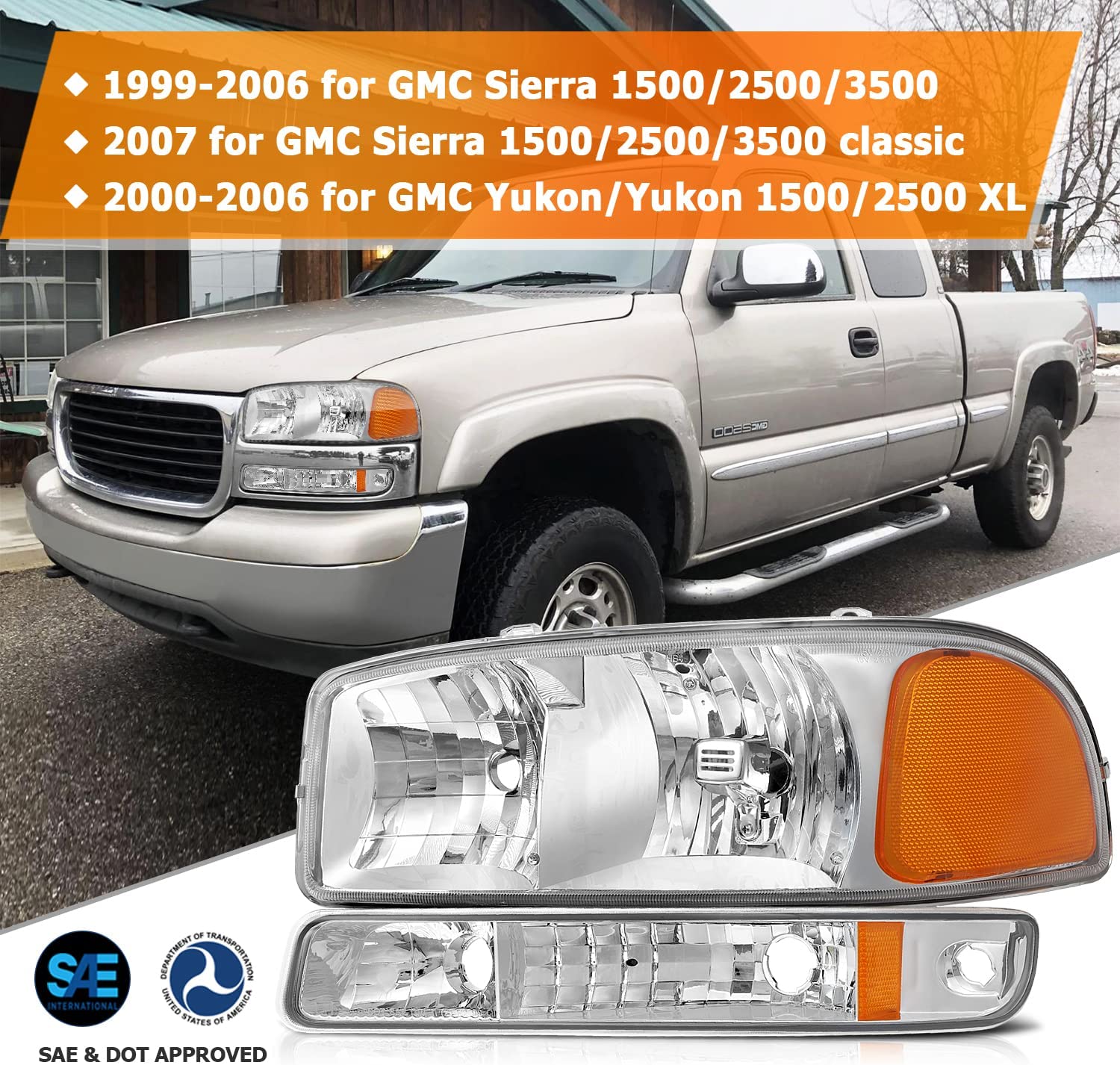 NTXGlow GMC Sierra 1500 headlight assembly with chrome housing, amber reflector, and clear lens for driver and passenger sides.