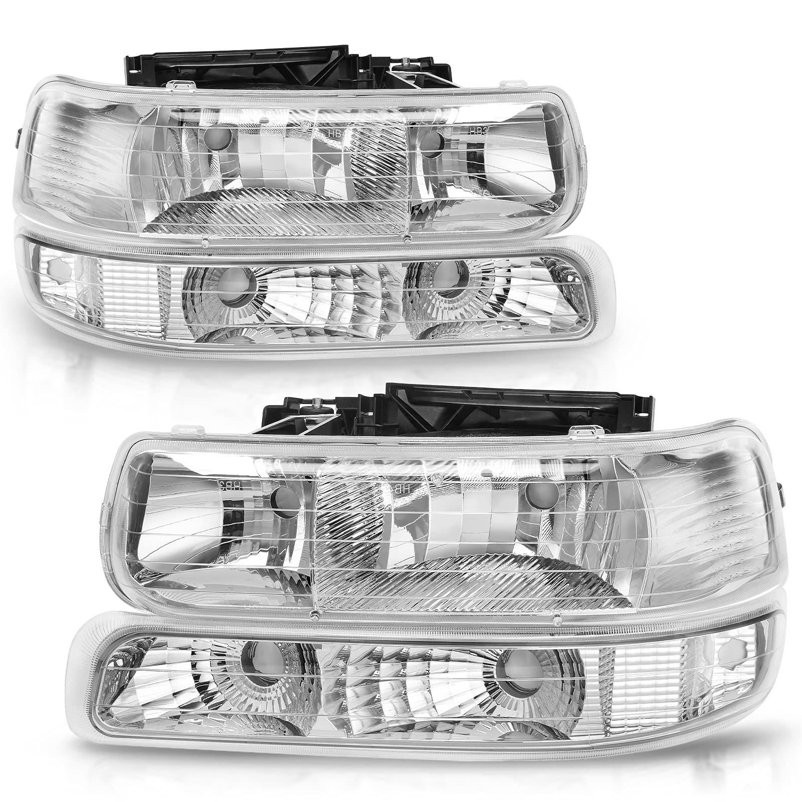 NTXGlow Autosaver88 headlight assembly with black housing and chrome reflector for Chevy Silverado 1999-2002 and Tahoe 2000-2006.