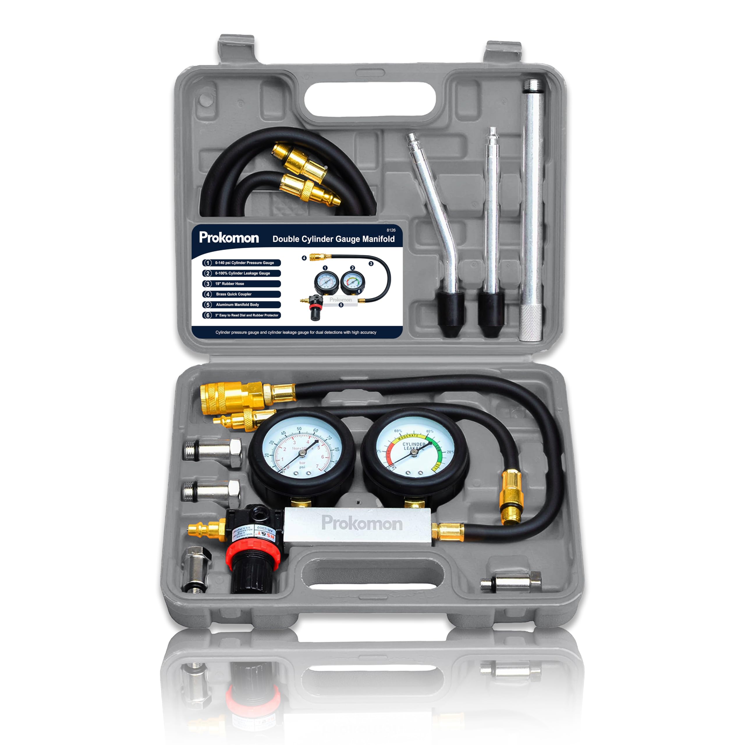 Engine Cylinder Leak Down Tester Kit;Gasoline Engine Leakdown Tester Kit with Extension Rod;Cylinder Leakage Tester Set for Pressure Check and Leakage Rate Test