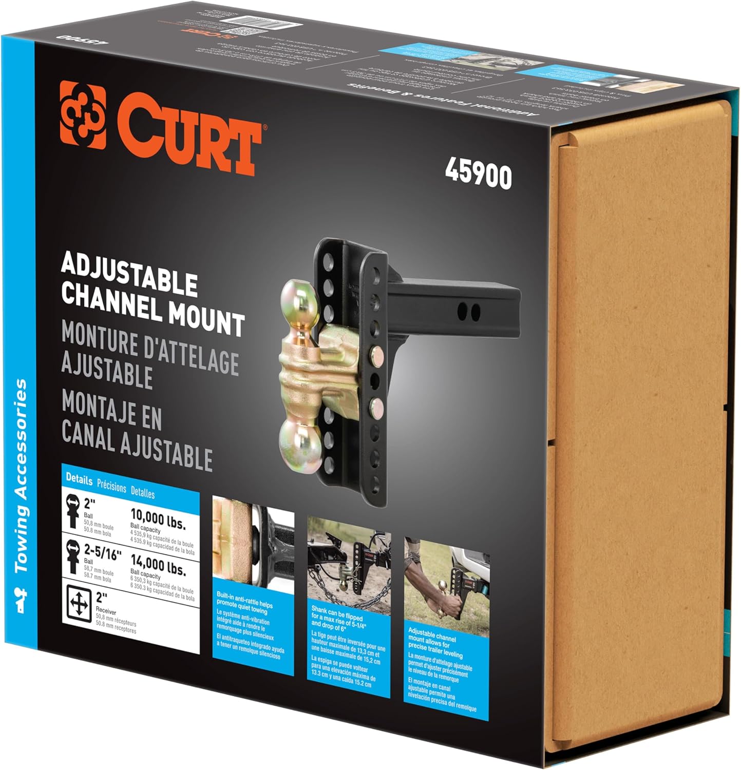 CURT 45900 Adjustable Dual-Ball Channel Mount, 2" Shank, 6" Drop | 2" Ball Rated 10,000 lb, 2-5/16" Ball Rated 14,000 lb, 5-1/4" Rise, 11" or 12" Length, Built-In Anti-Rattle
