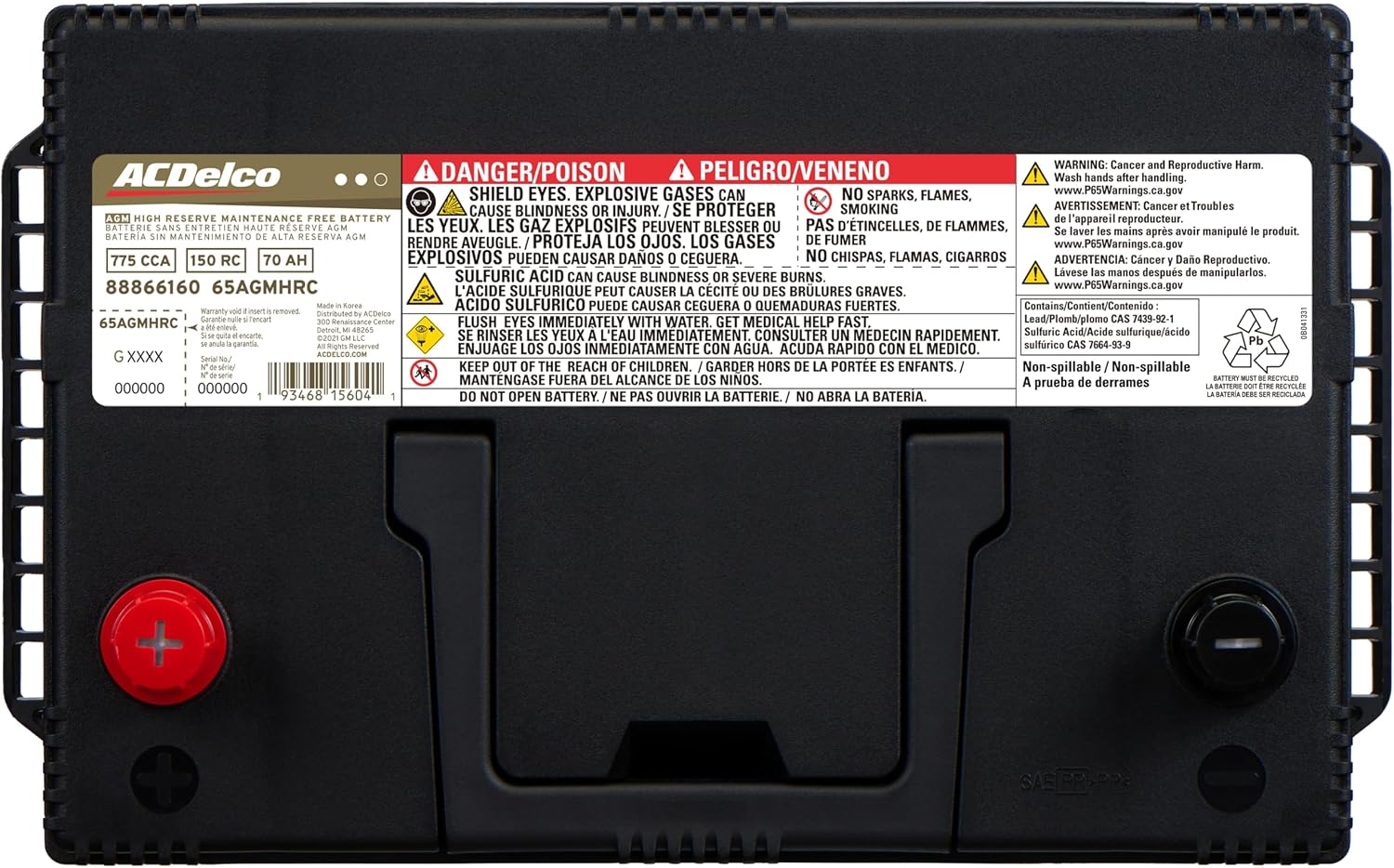 ACDelco Gold 65AGMHRC (88866160) 36 Month Warranty High Reserve AGM BCI Group 65 Battery