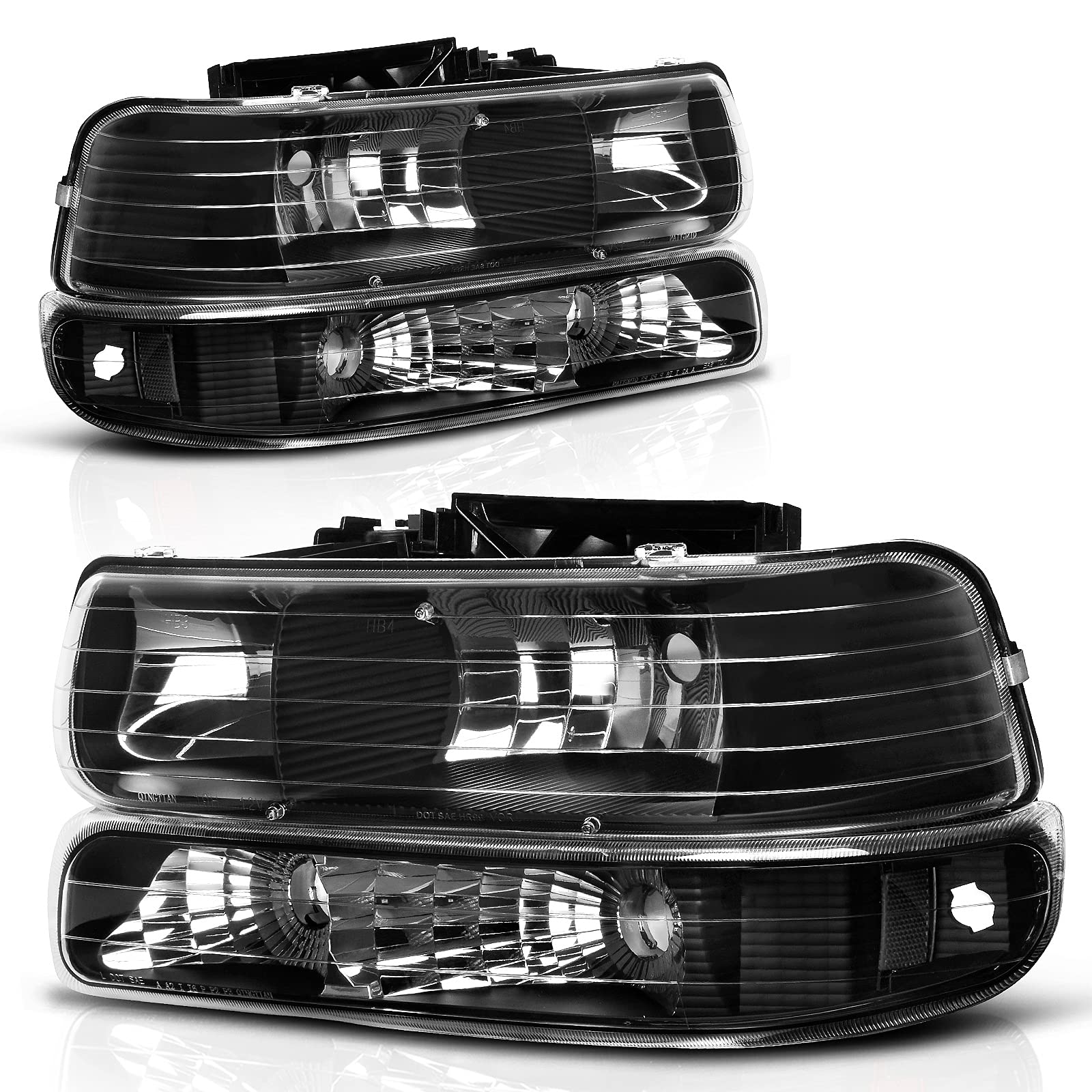 NTXGlow headlight assembly for 1999-2002 Chevrolet Silverado and 2000-2006 Tahoe/Suburban, front view showing clear lens and reflective surfaces.