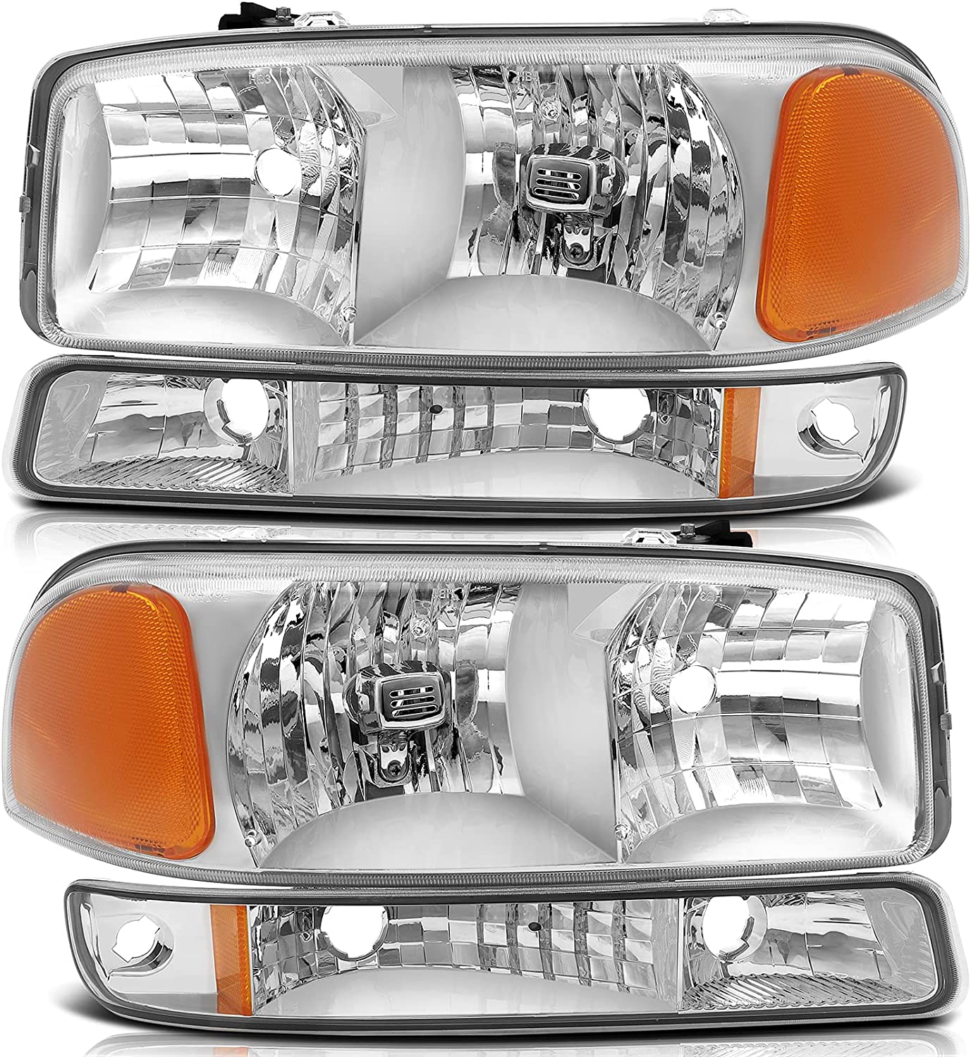NTXGlow headlight assembly for GMC Sierra 1500 1999-2007 with chrome housing, amber reflector, and clear lens, driver and passenger side