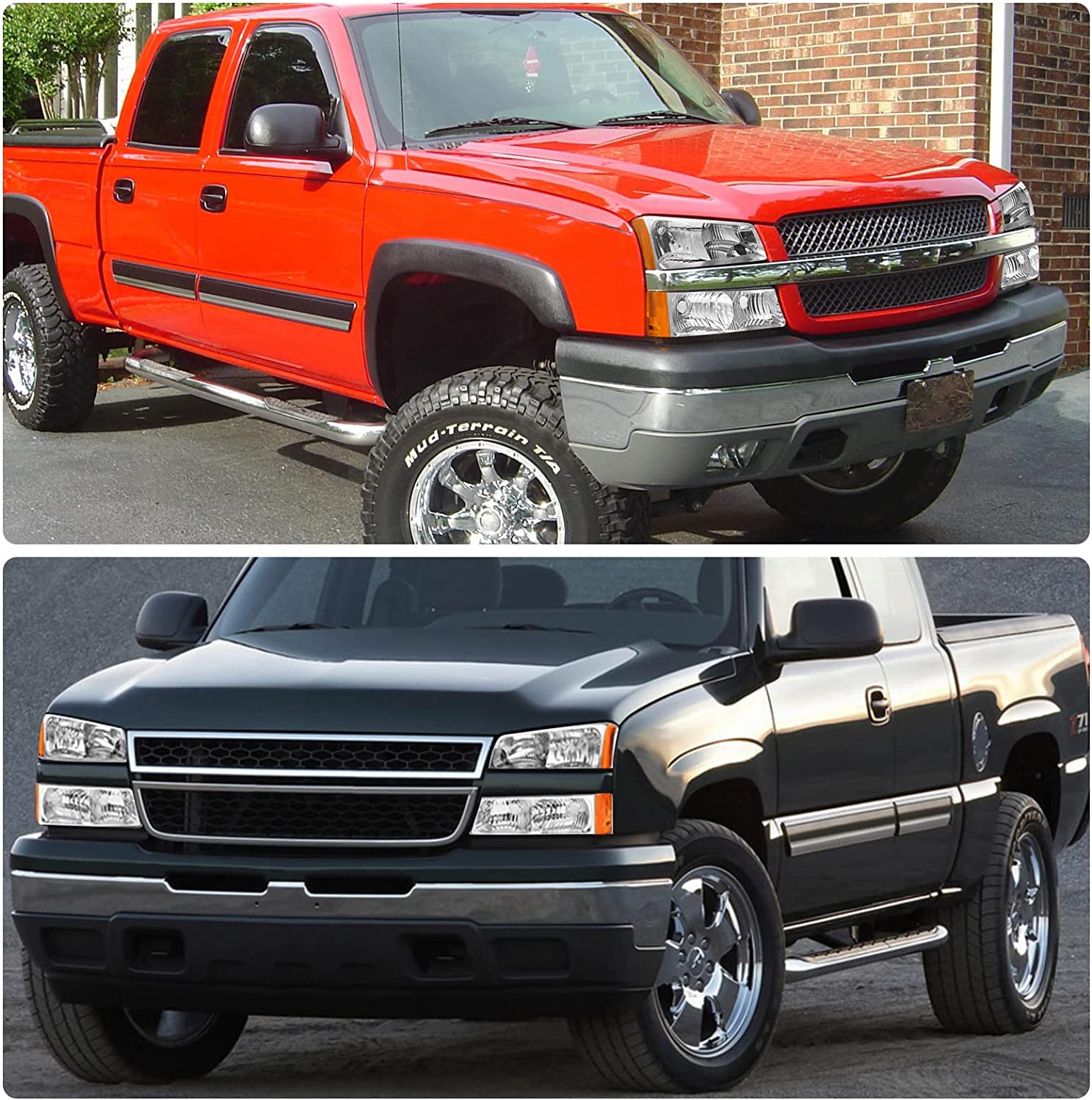 NTXGlow Silverado headlight assembly for Chevy Avalanche 2003-2006 with clear chrome lens and amber reflector, pair of left and right lights