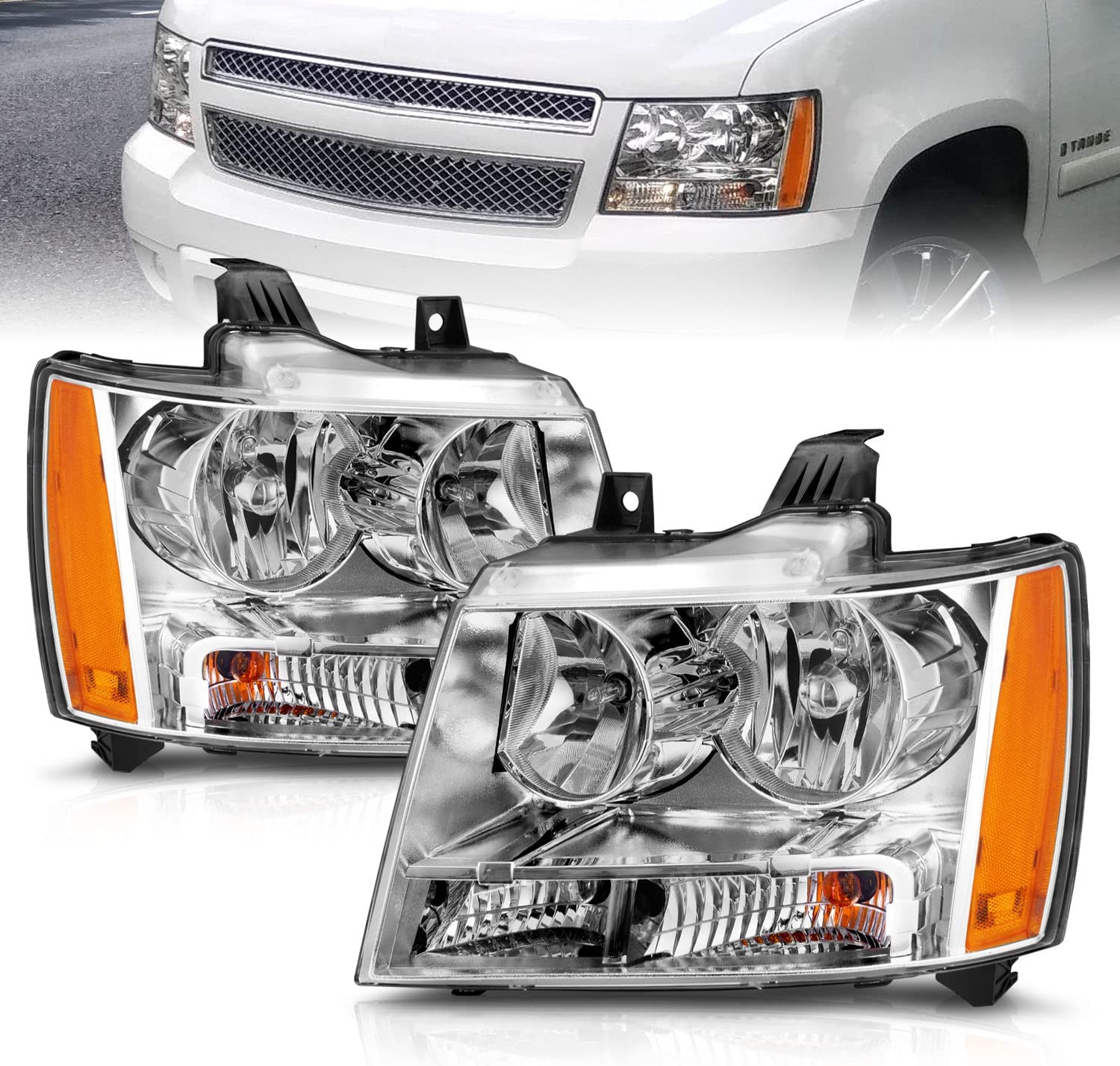 NTXGlow Amerilite replacement headlights for Chevy Tahoe/Suburban with chrome housing, driver and passenger side pair, factory style.