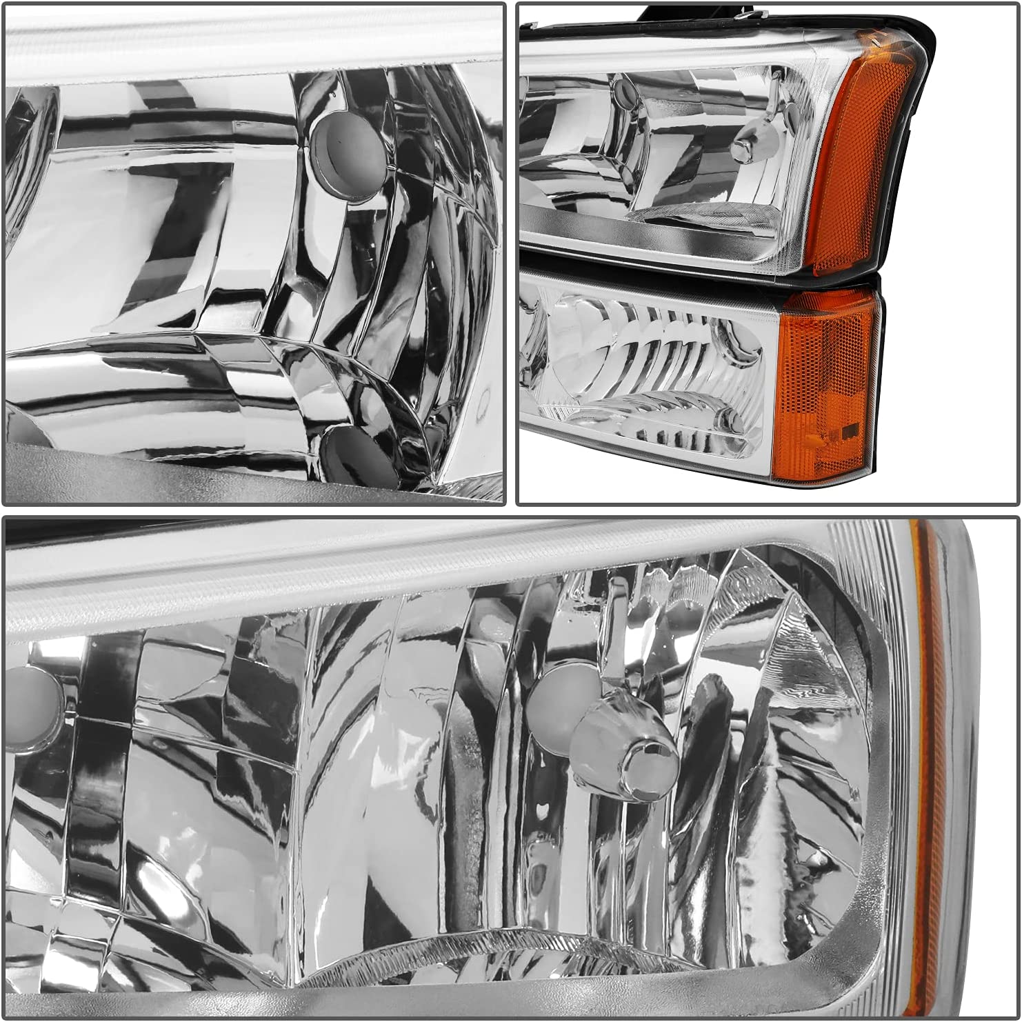 NTXGlow DNA Motoring chrome amber headlights for 2003-2006 Chevy Silverado and Avalanche, featuring clear lens and chrome housing