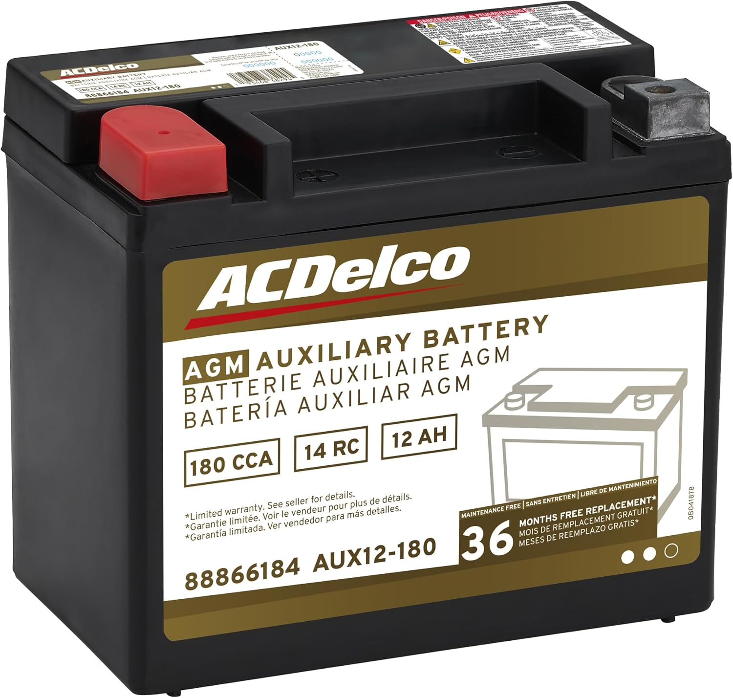 ACDelco Gold AUX12-180 (88866184) 36 Month Warranty Auxiliary AGM 190 CCA Battery