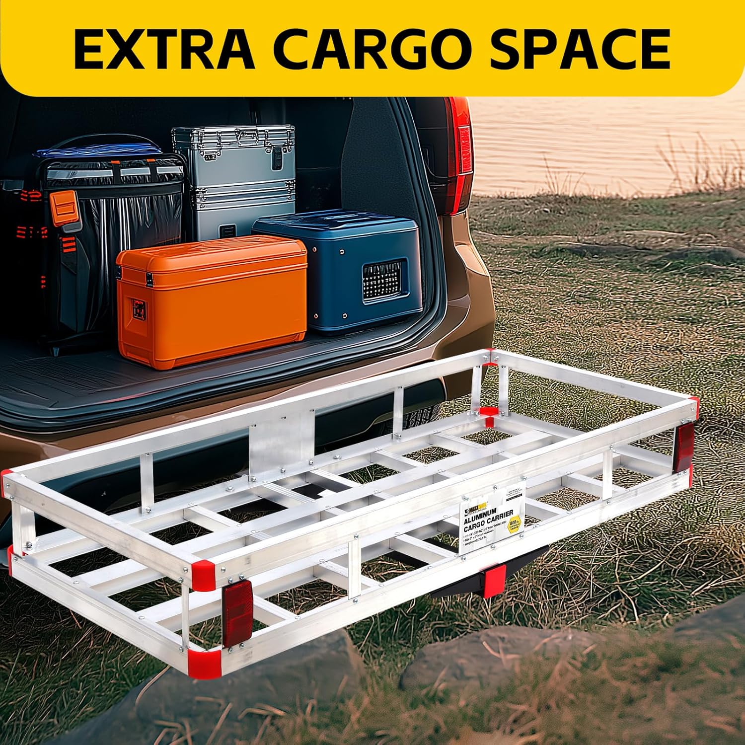 MaxxHaul 70108 Aluminum Cargo Carrier With High Side Rails- Trailer Hitch Mount For RV's, Trucks, SUV's, Vans, Cars With 2" Hitch Receiver - 500-lb Load Capacity, Grey, 49" x 22.5"