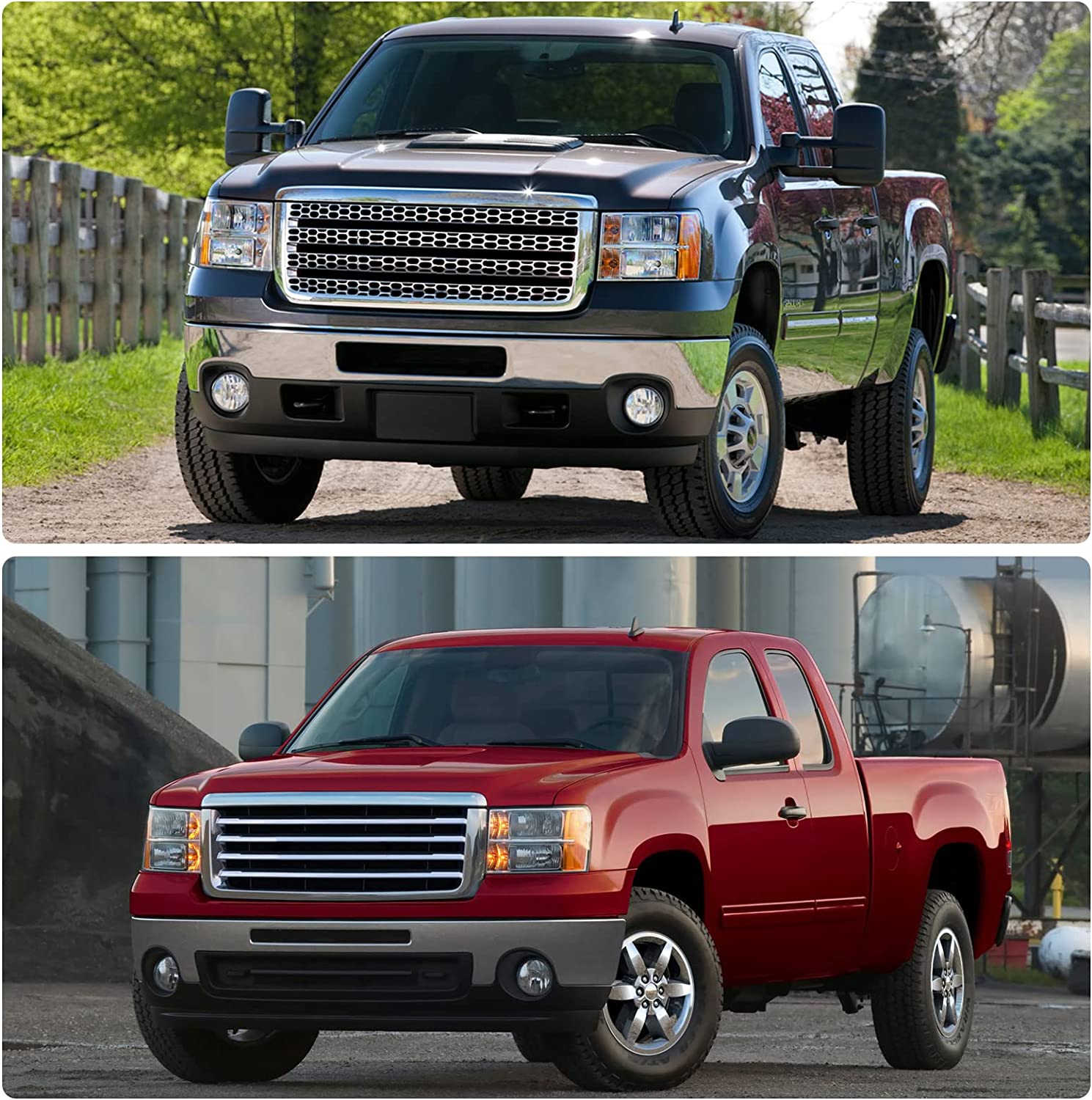 NTXGlow headlight assembly for GMC Sierra 2007-2014, chrome housing with amber reflector, includes left and right replacements