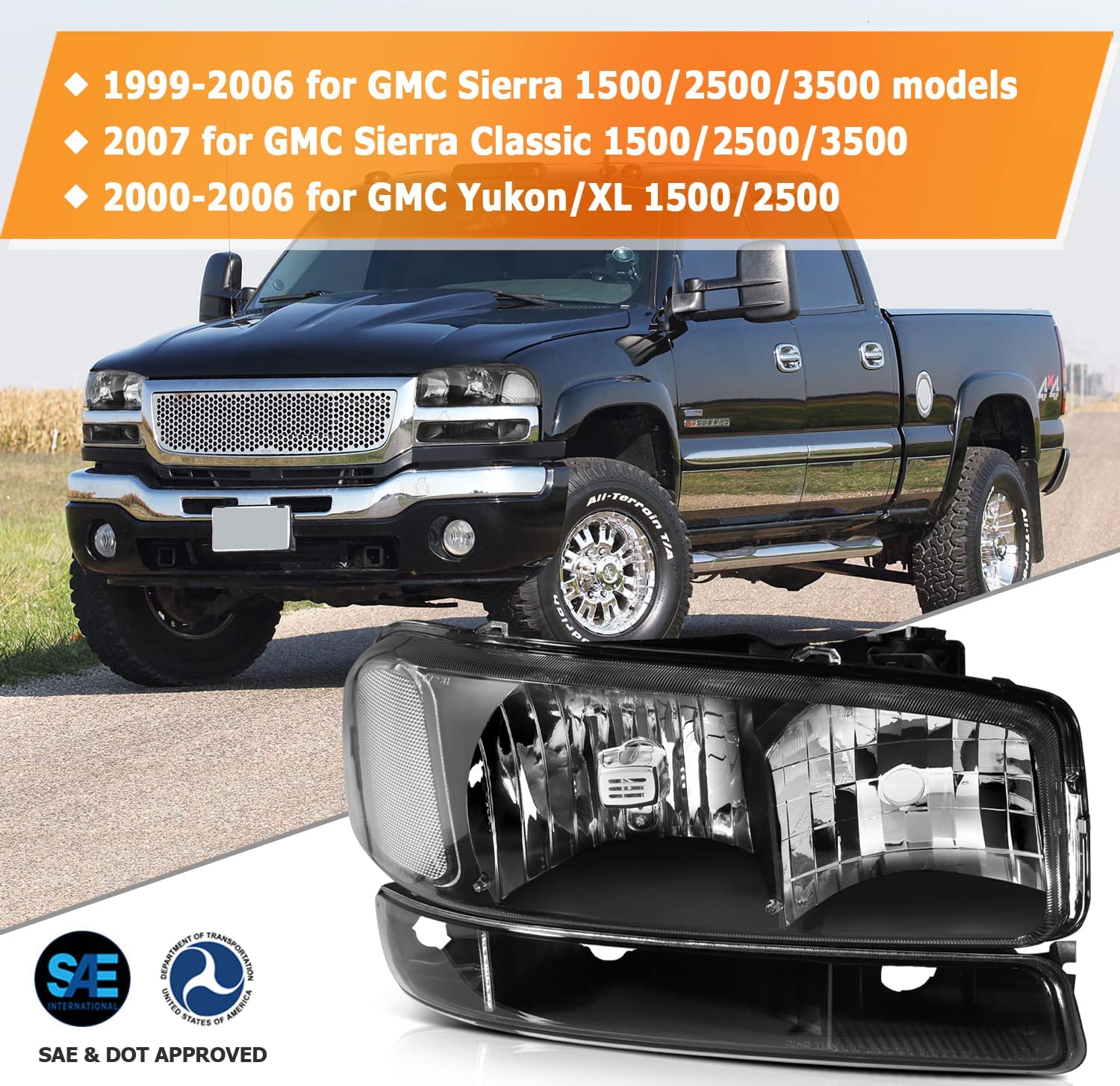 NTXGlow black housing headlight assembly for GMC Sierra 1500 1999-2007, clear lens, driver and passenger side, classic model.