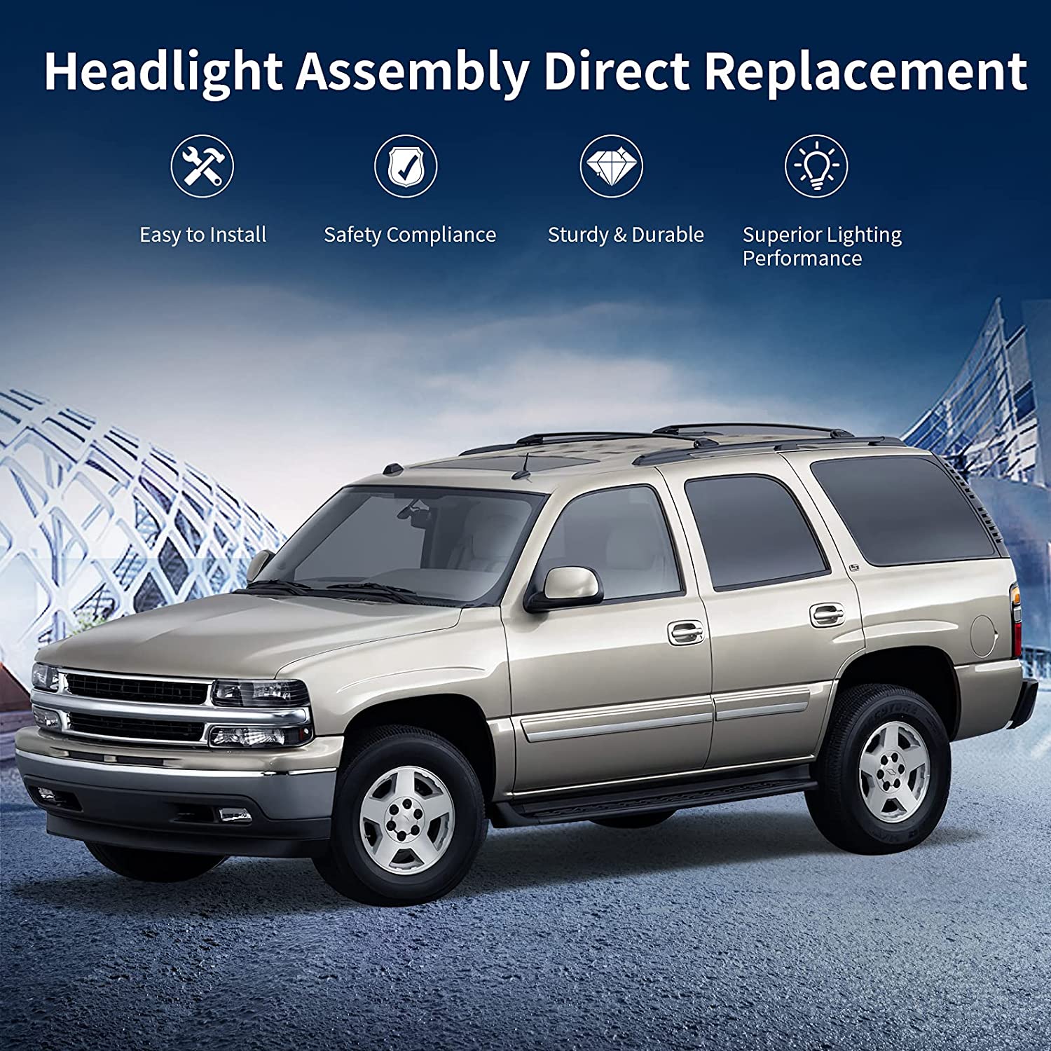 NTXGlow Autosaver88 headlights assembly for Chevrolet Silverado 1999-2002 and Tahoe/Suburban 2000-2006, front bumper lighting.