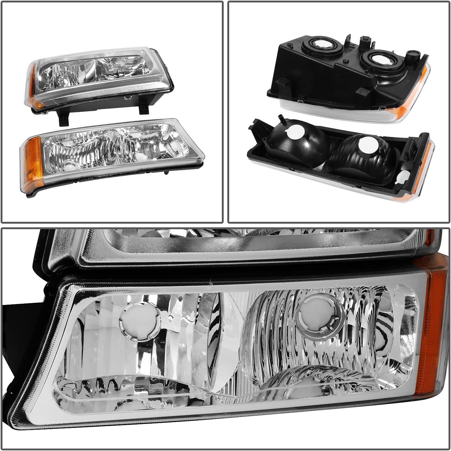 NTXGlow chrome amber headlights for 2003-2006 Chevy Silverado and Avalanche, showcasing sleek headlight design and chrome accents.