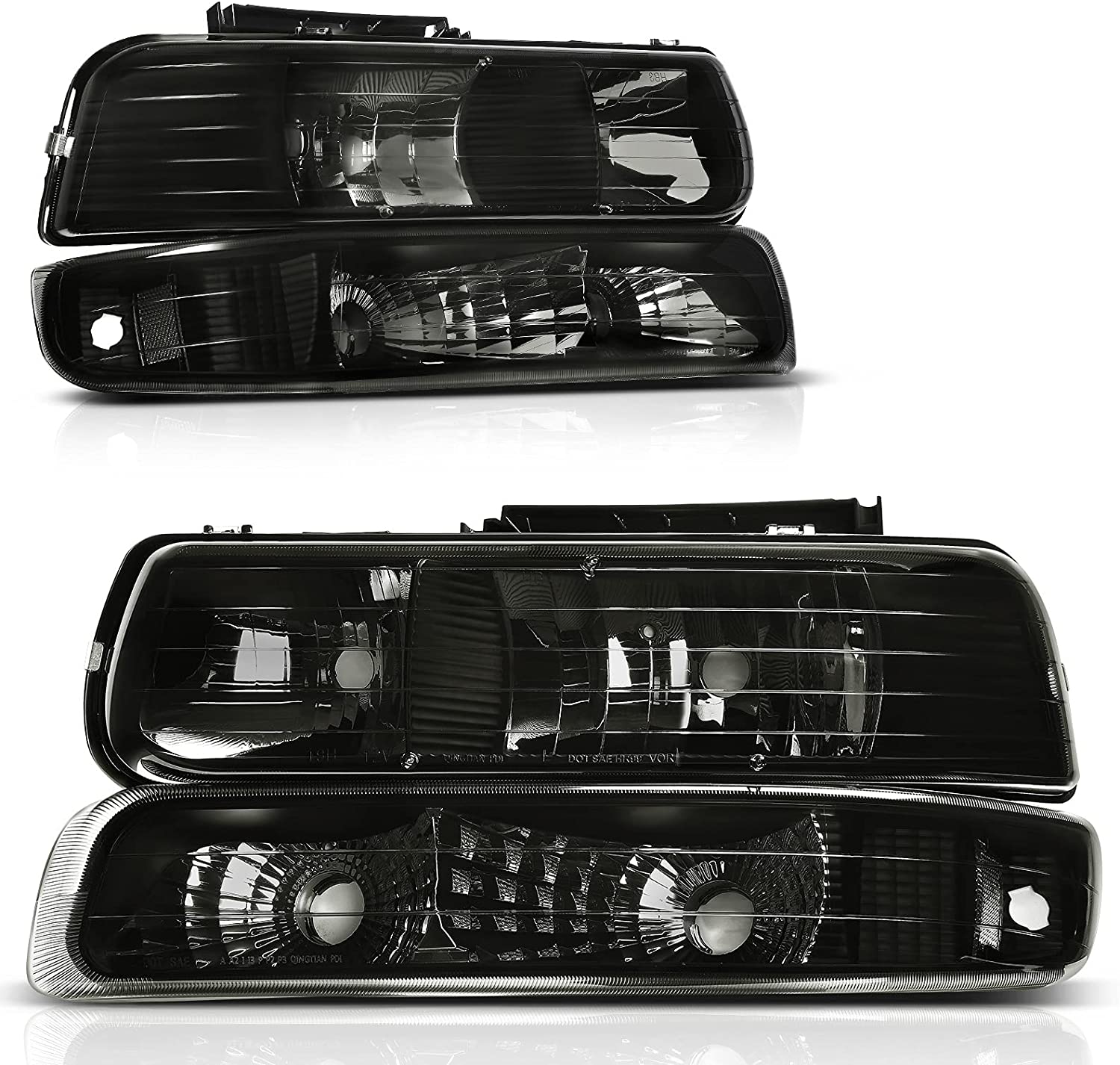 NTXGlow Autosaver88 headlights assembly with smoke lens for 1999-2006 Chevy Silverado and Tahoe, featuring reflector and bumper lights.
