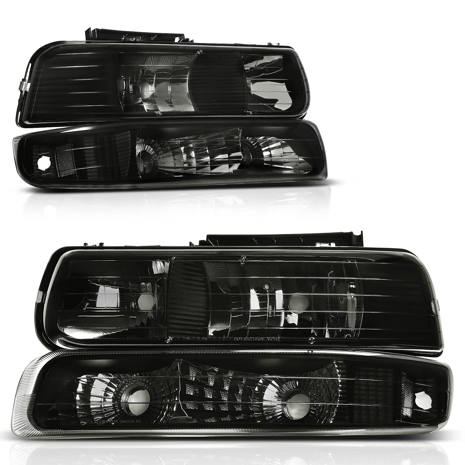 NTXGlow Autosaver88 headlights assembly with smoke lens for 1999-2006 Chevy Silverado, Tahoe, Suburban, featuring reflector and bumper lights.
