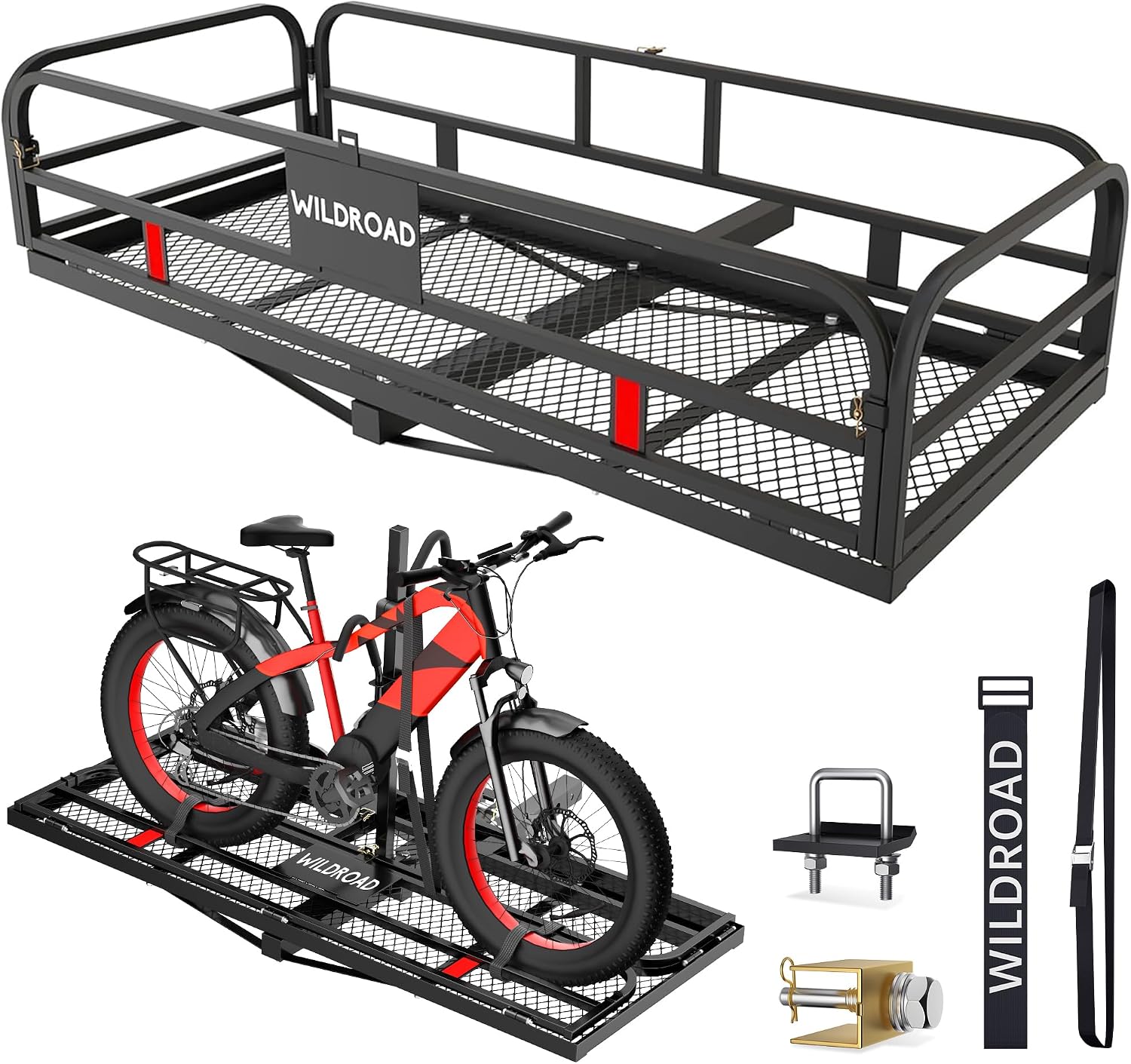 Wildroad 60"x24"x14" Hitch Cargo Carrier, Fits 2" Receiver - Bike Rack Set | 500-lb Load Capacity, Heavy-Duty Steel Construction, 14" High Side Rails, Folding Cargo Basket, for Car SUV Camping Travel