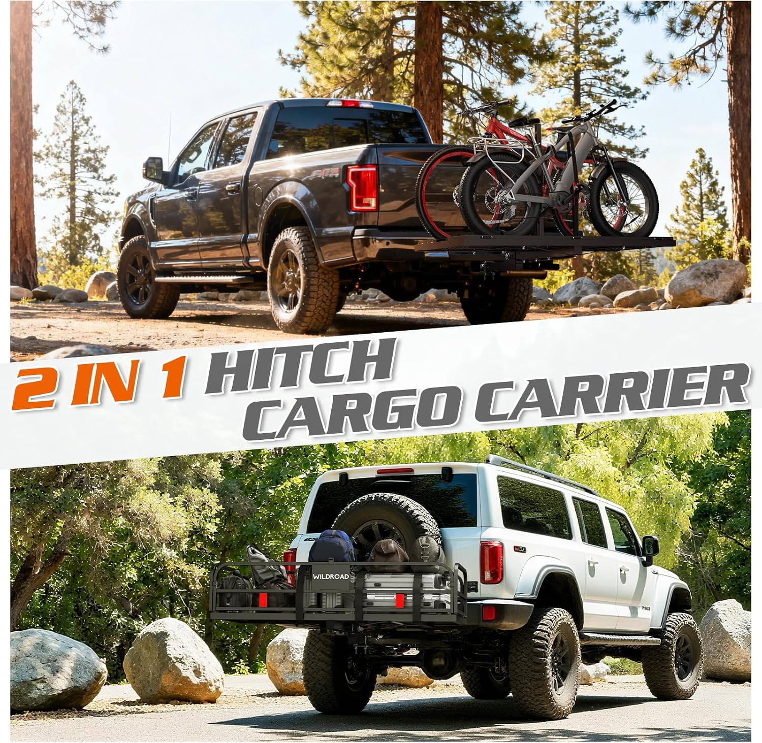 Wildroad 60"x24"x14" Hitch Cargo Carrier, Fits 2" Receiver - Bike Rack Set | 500-lb Load Capacity, Heavy-Duty Steel Construction, 14" High Side Rails, Folding Cargo Basket, for Car SUV Camping Travel
