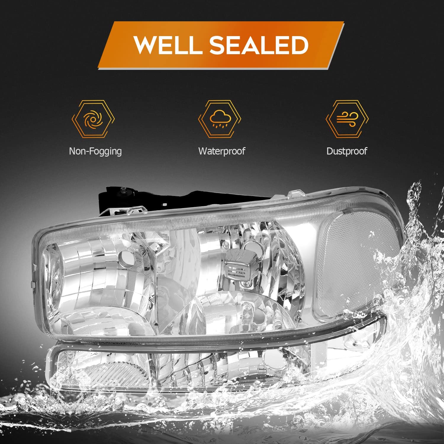 NTXGlow chrome headlight assembly for GMC Sierra 1500, 2500 1999-2007, with clear lens, reflector, driver and passenger side.