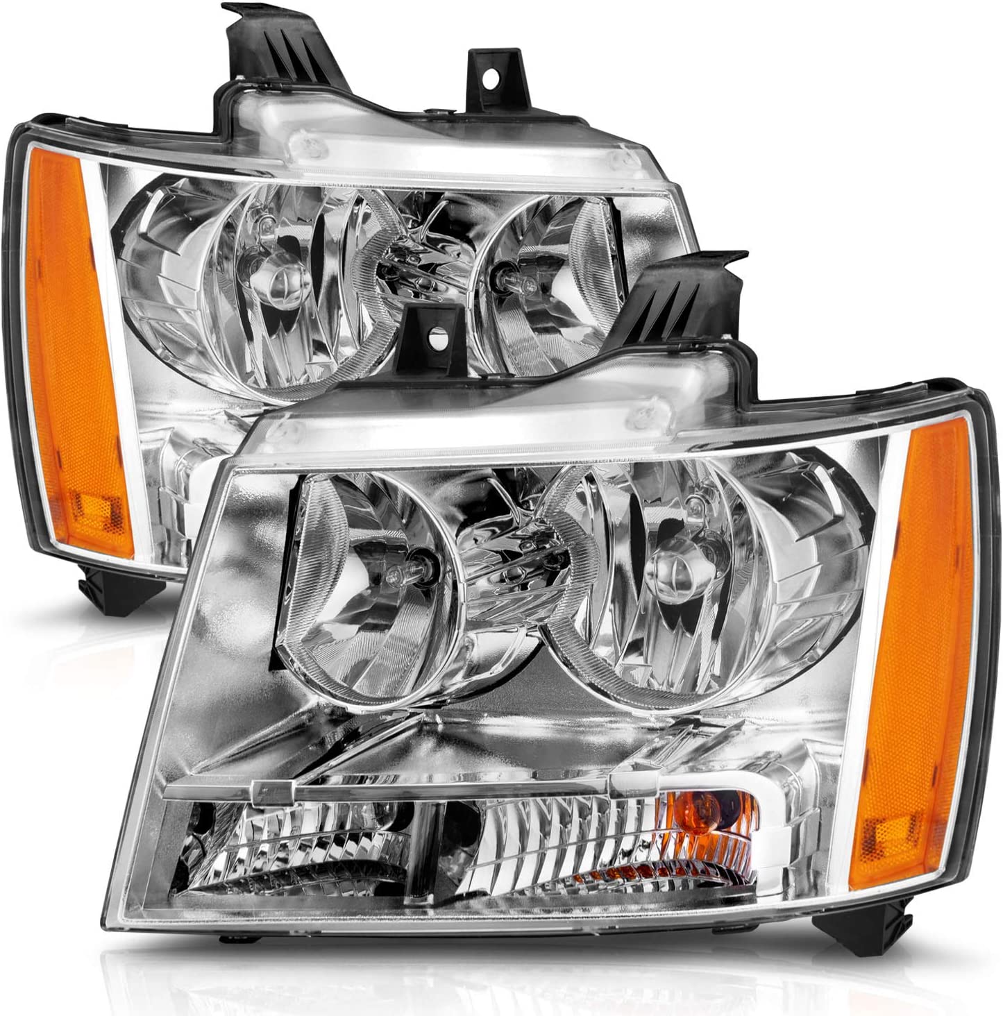 Pair of NTXGlow Amerilite factory style replacement headlights for Chevy Tahoe, Suburban, Avalanche with chrome housings, driver and passenger side