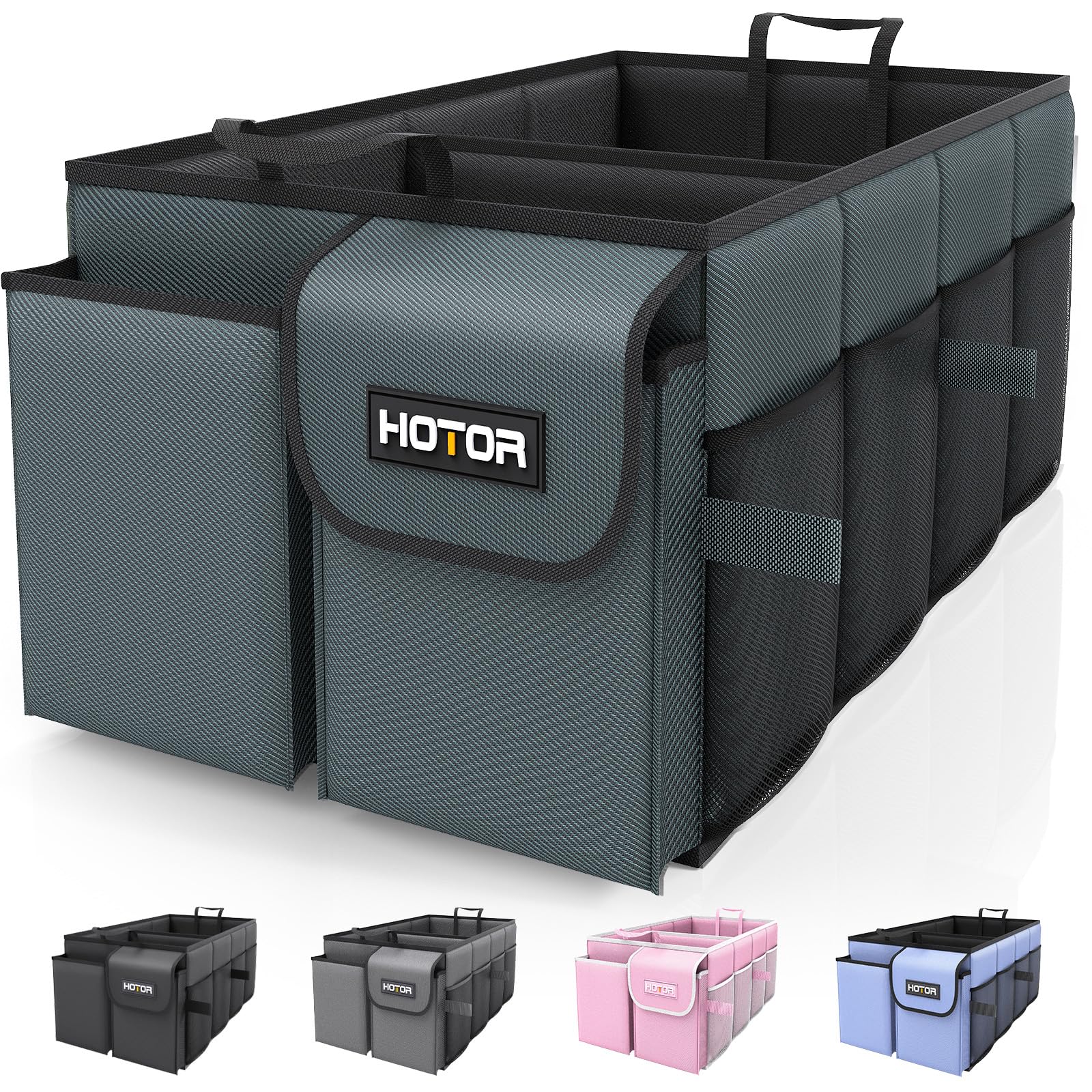 HOTOR Trunk Organizer - Foldable Car Organizer for SUVs & Sedans Storage | Sturdy Car Organization for Men & Women, Car Accessories, Tools, Sundries, Black, 2 Compartments, 21.3" x 12.6" x 10.6"