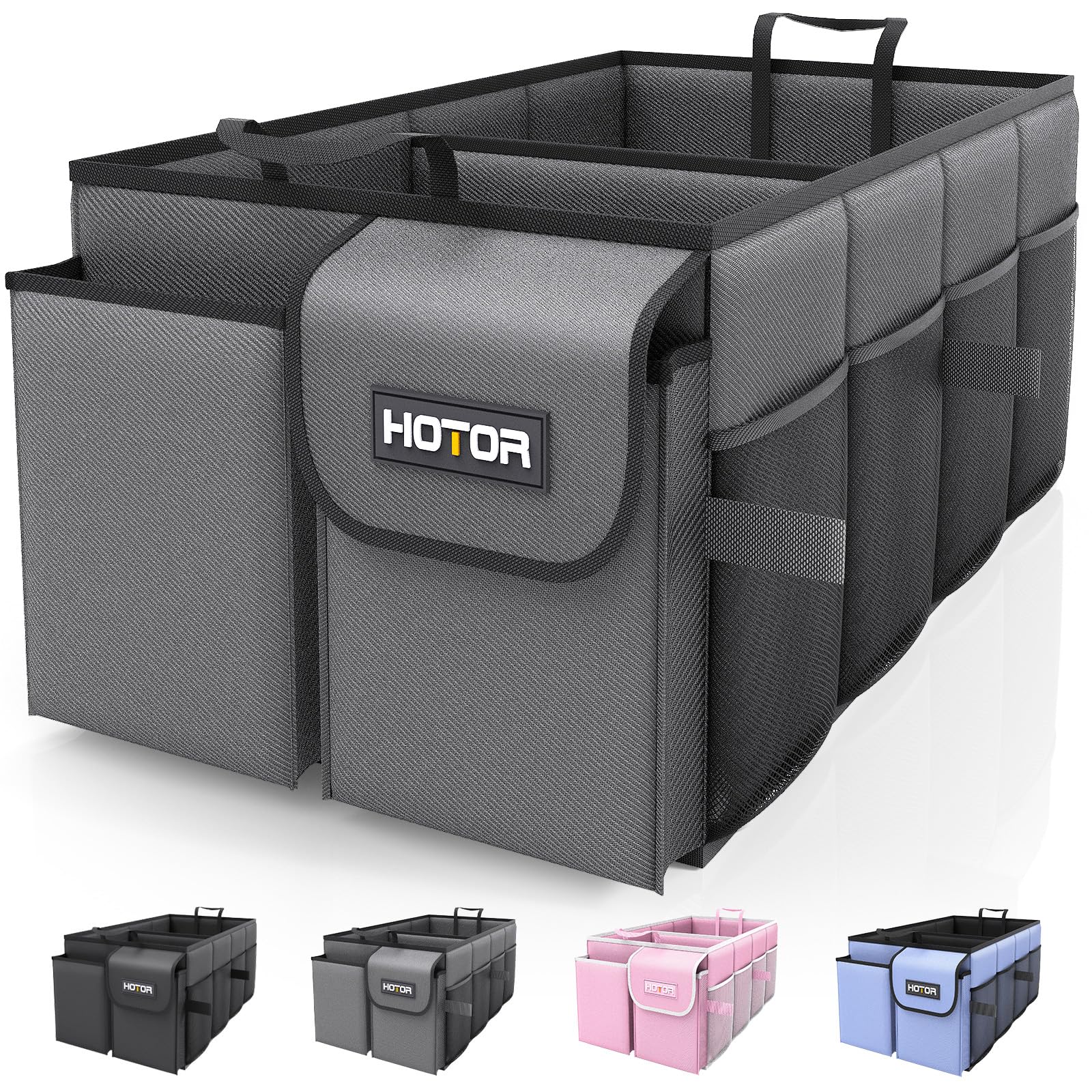 HOTOR Trunk Organizer - Foldable Car Organizer for SUVs & Sedans Storage | Sturdy Car Organization for Men & Women, Car Accessories, Tools, Sundries, Black, 2 Compartments, 21.3" x 12.6" x 10.6"