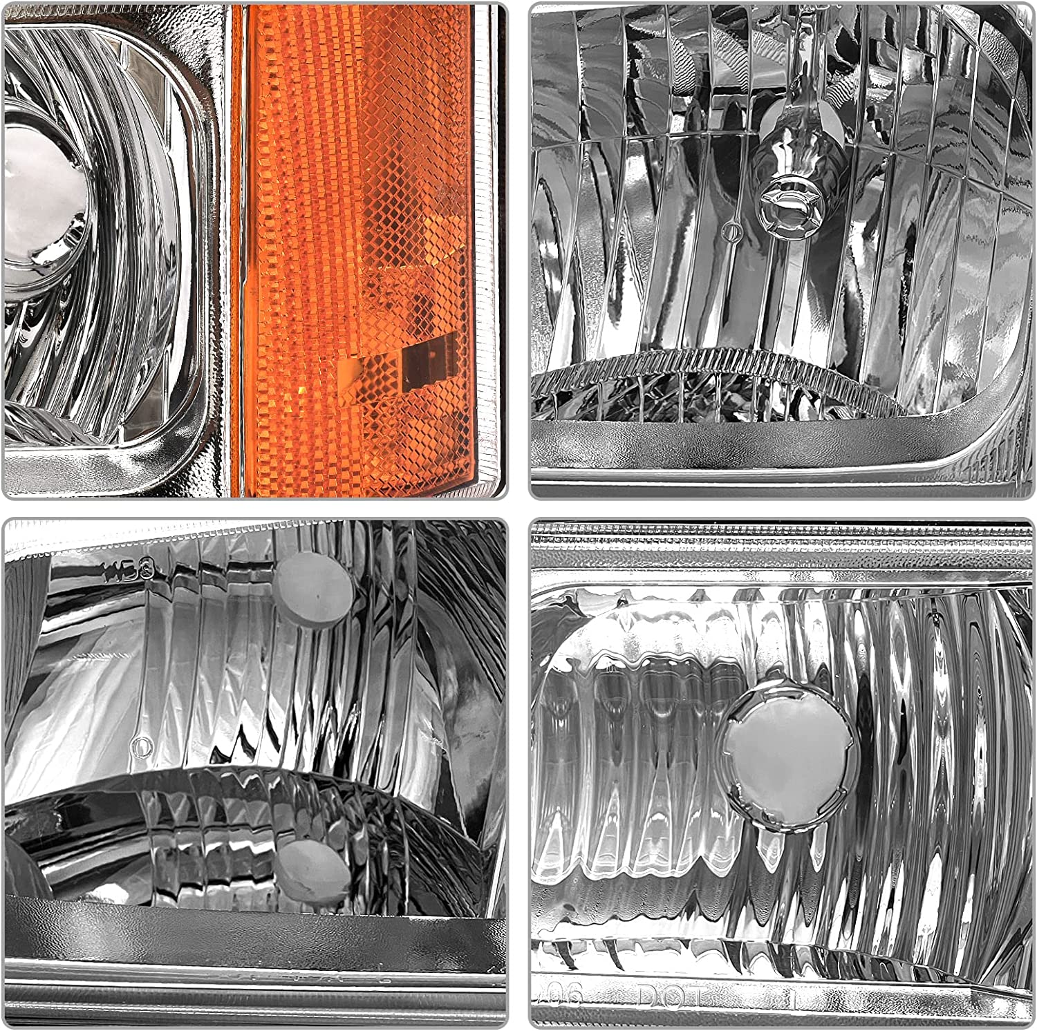 Pair of NTXGlow Silverado headlight assemblies for 2003-2006 Chevy Avalanche with clear chrome lenses and amber reflectors, left and right.