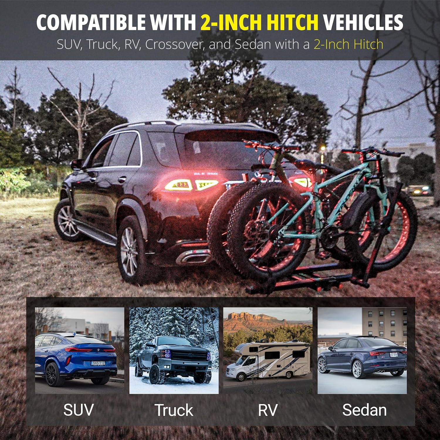 TrailV2 Plus Hitch 2 Ebike Rack with Ramp, Tilt, Fold, Anti-Theft Hitch & Wheel Locks, Heavy Duty 170 lbs Capacity, Fits 2" Receiver, Max 5" Fat Tires, Electric Bike Rack for Car, SUV, Truck, RV
