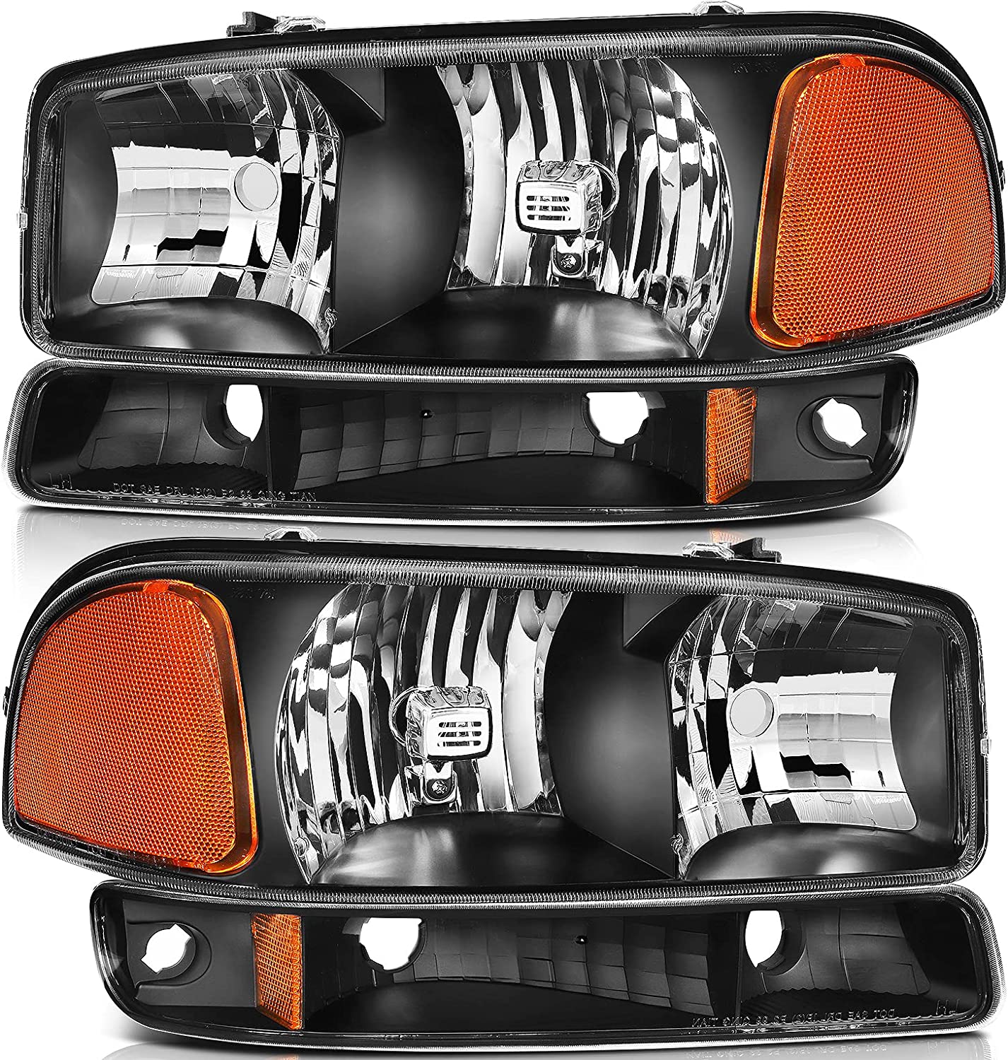 NTXGlow headlight assembly for GMC Sierra 1500, 2500 1999-2007, black housing with amber reflector and clear lens, driver and passenger side