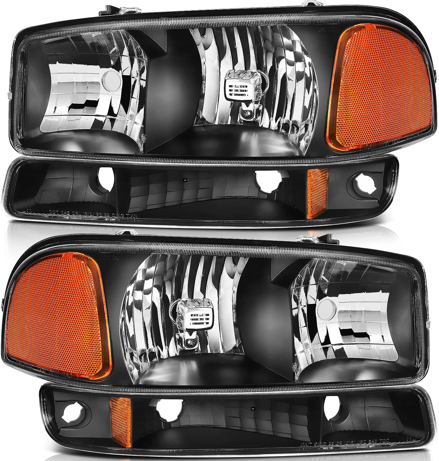 NTXGlow headlight assembly for GMC Sierra 1500, 2500 1999-2007, black housing with amber reflector and clear lens, driver and passenger side