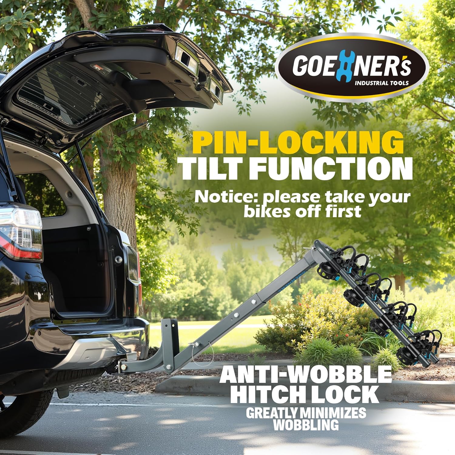 4 Bike Hitch Mount Rack, 240lbs Dual-Cradle 2" Receiver for Car SUV Truck | Anti-Sway Design, Tilt-Down Rear Access, Anti-Rattle Stabilizer, Powder Coated Steel, for Mountain Road Bikes