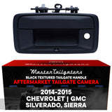 Black replacement tailgate handle with backup camera for Chevrolet Silverado and GMC Sierra 2014-2015, by Master Tailgaters.