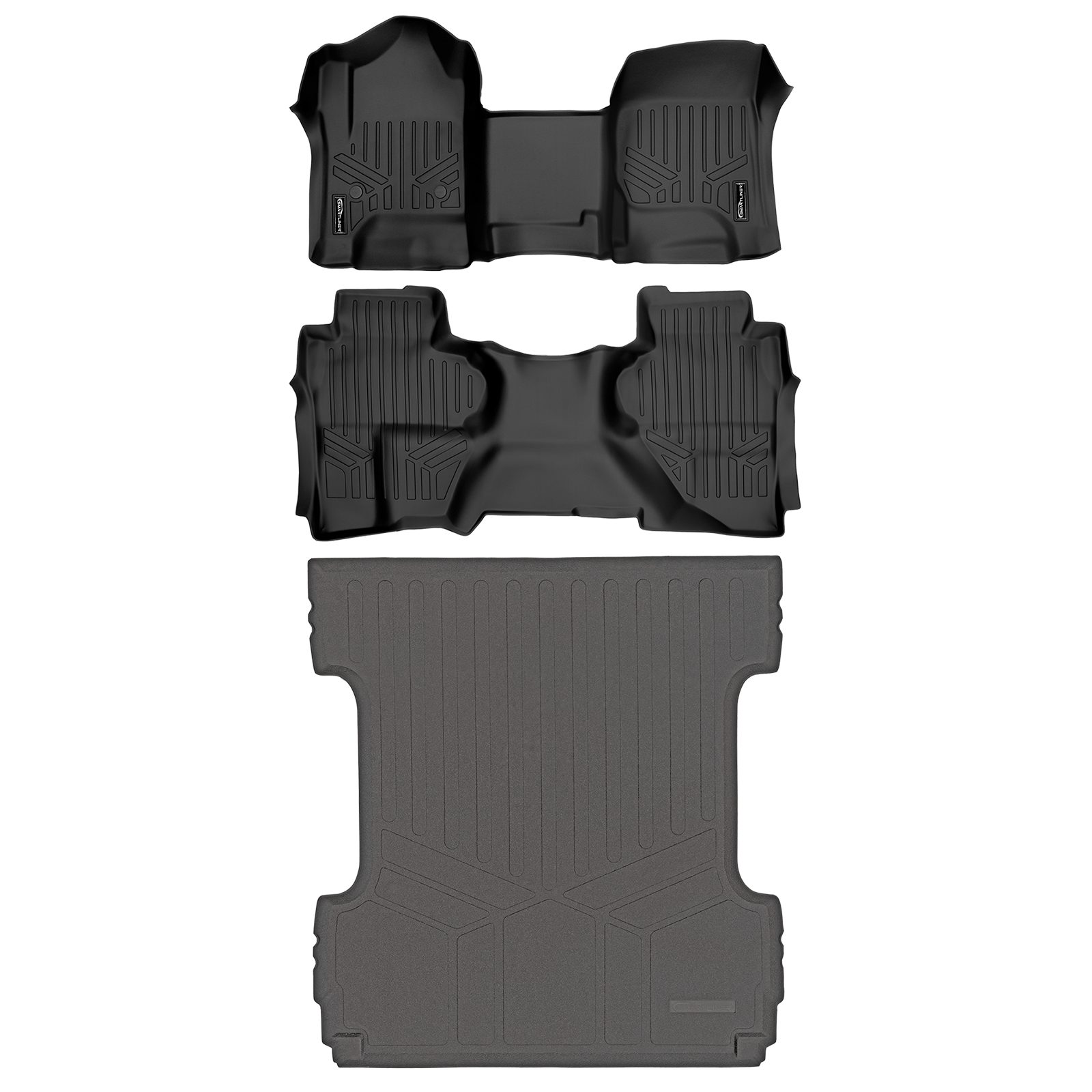 Smartliner USA floor liners for double cab Silverado/Sierra 1500 and 2500/3500 HD trucks, custom-fit all-weather protection.