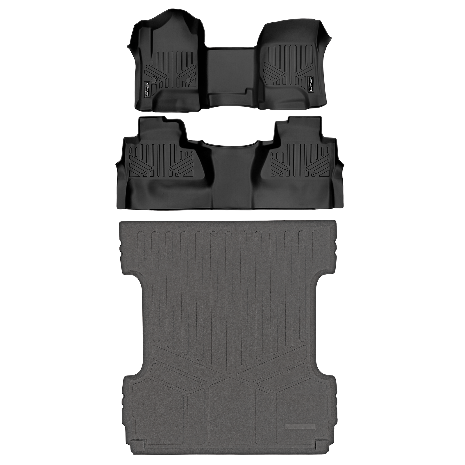 Smartliner USA black carpeted floor liners for GMC Sierra 1500 Crew Cab 2014-2018 first row bench, half coverage, all-weather protection.