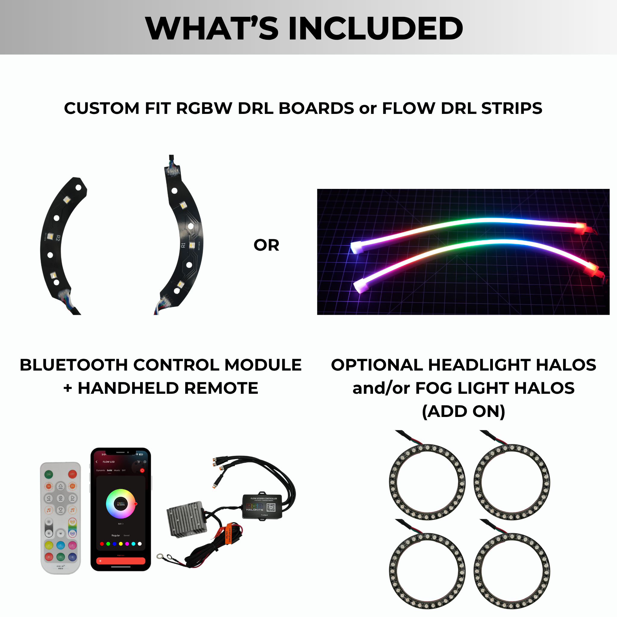 Multicolor LED DRL boards for Chevrolet Camaro RS/SS 2014-2015 by RGB Halo Kits, showcasing vibrant multicolor lighting.