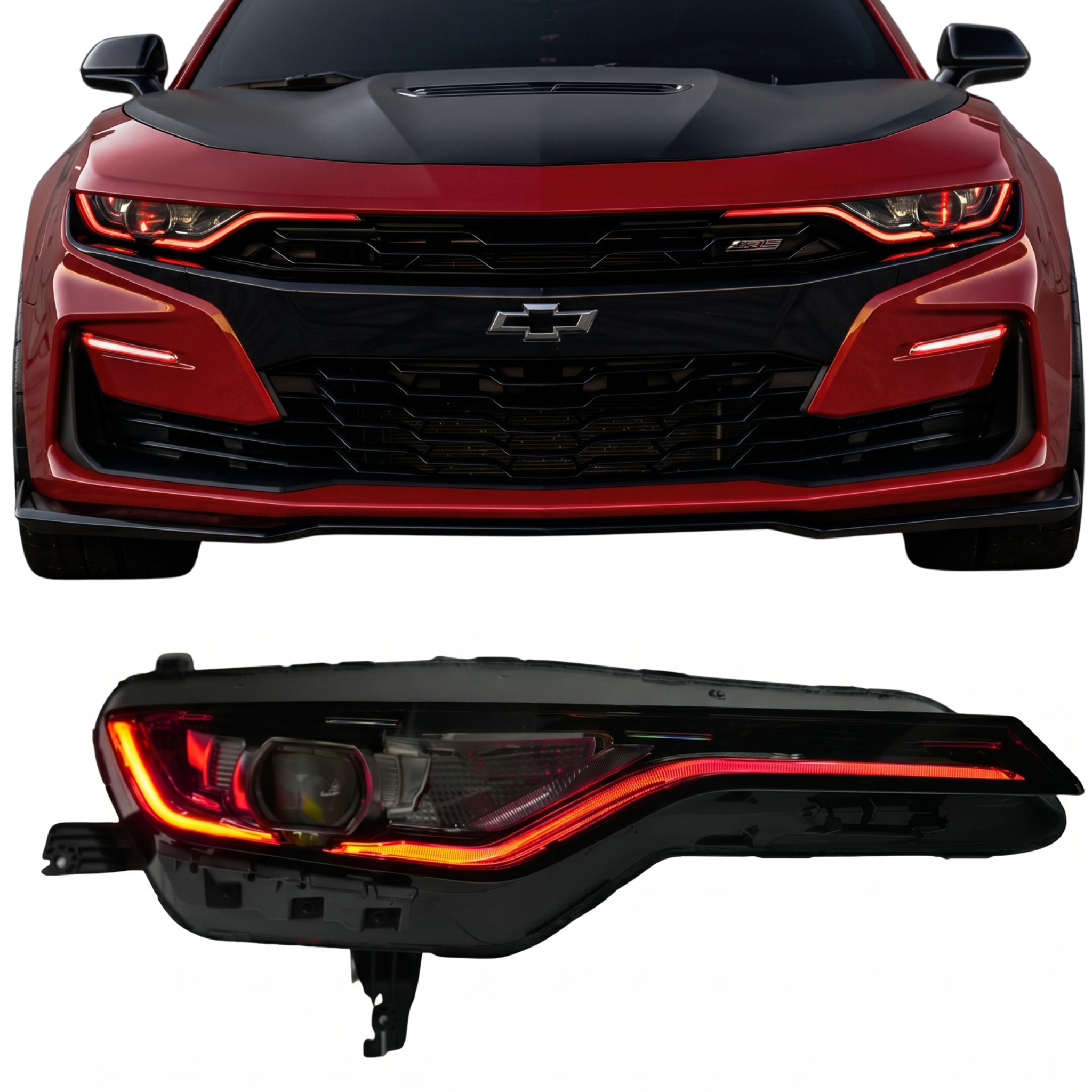 Chevrolet Camaro RS/SS RGBWA DRL boards from RGB Halo Kits installed on a 2019-2024 Camaro, showcasing LED daytime running light strips.